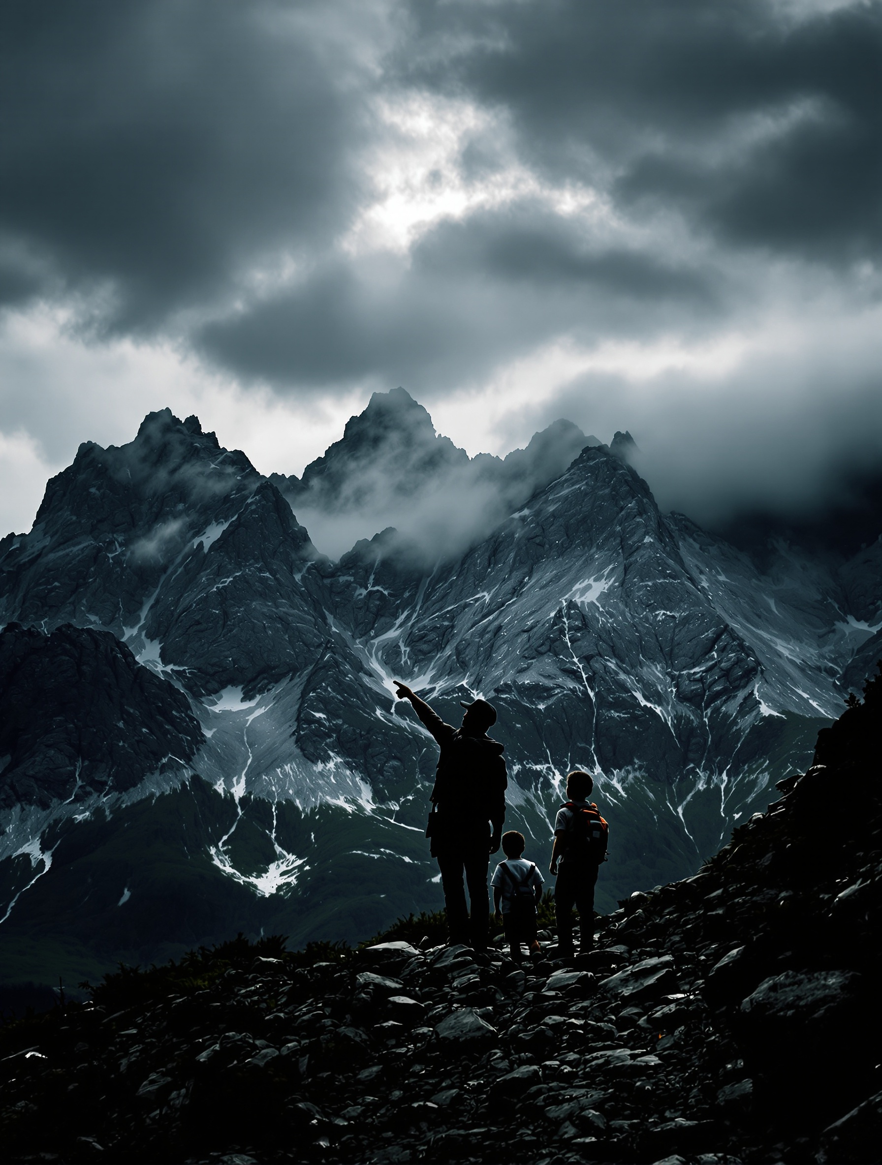 Un adulte montre du doigt un ciel menaçant à deux enfants sur un sentier de montagne, silhouettes en vêtements de randonnée, ambiance tendue mais pédagogique.