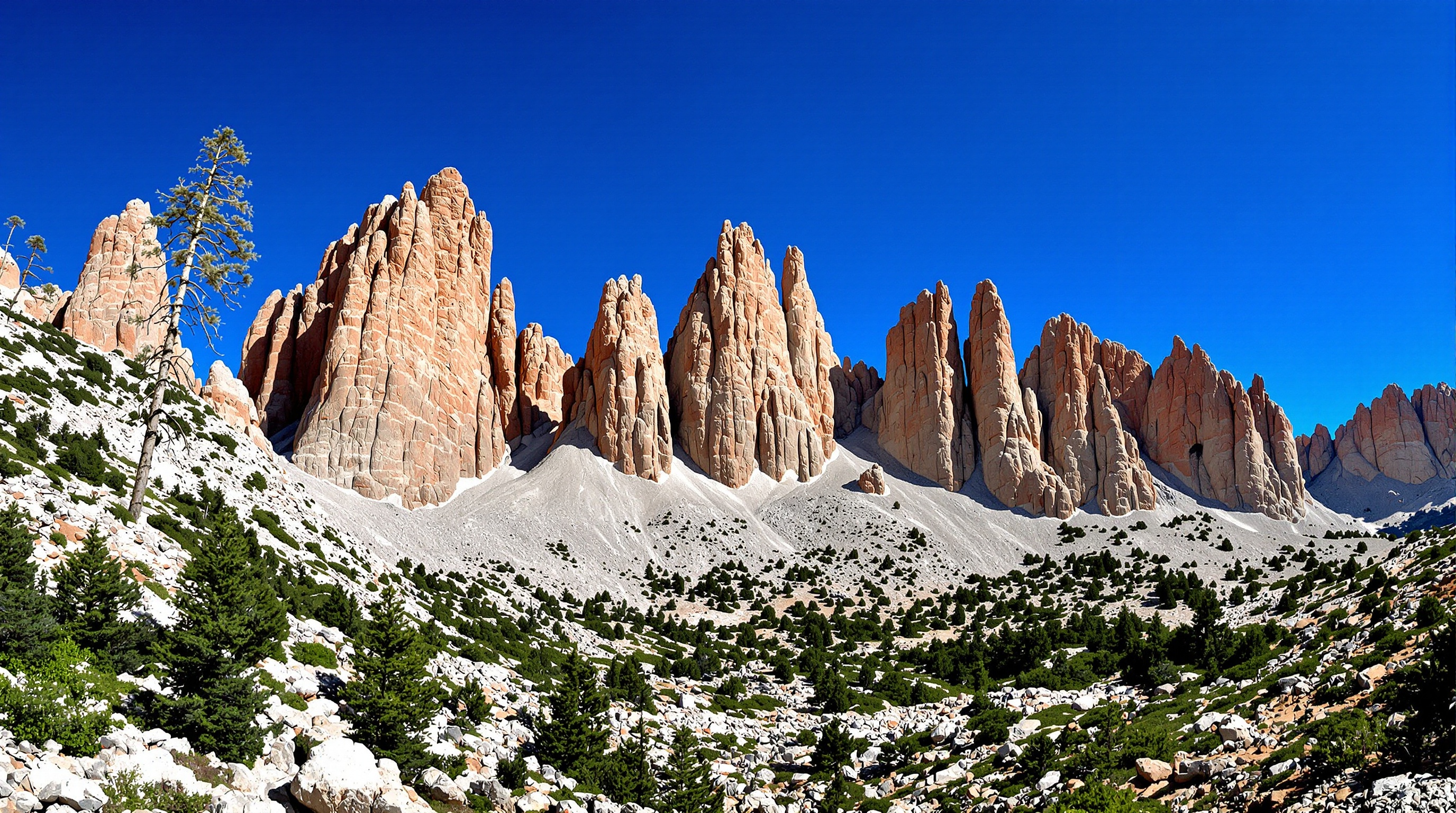 Vue panoramique des majestueuses Aiguilles de Bavella en Corse, avec leurs pics de granit rouges caractéristiques, sous un ciel bleu intense, symbolisant la beauté brute du GR20 Sud.