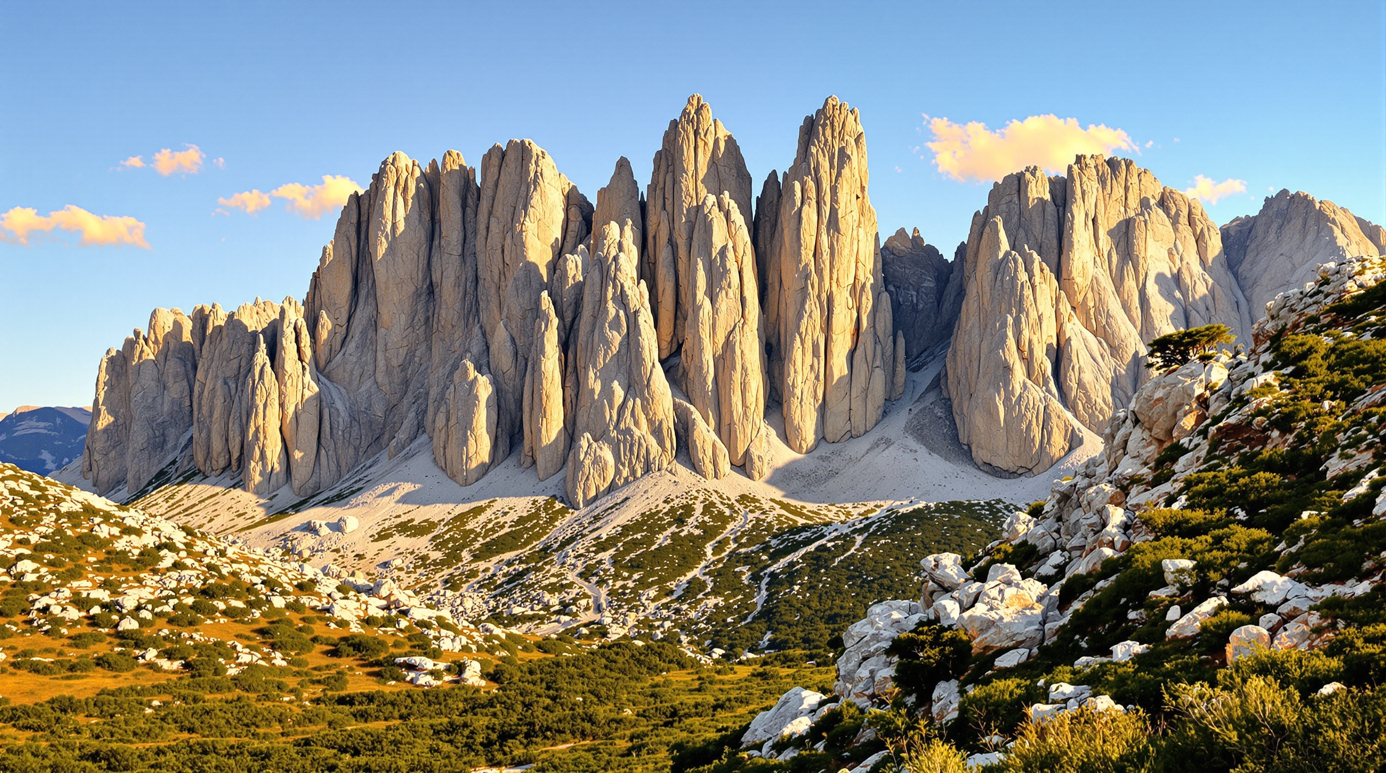 Vue panoramique des majestueuses Aiguilles de Bavella mettant en évidence les formations rocheuses granitiques sculptées par l'érosion.