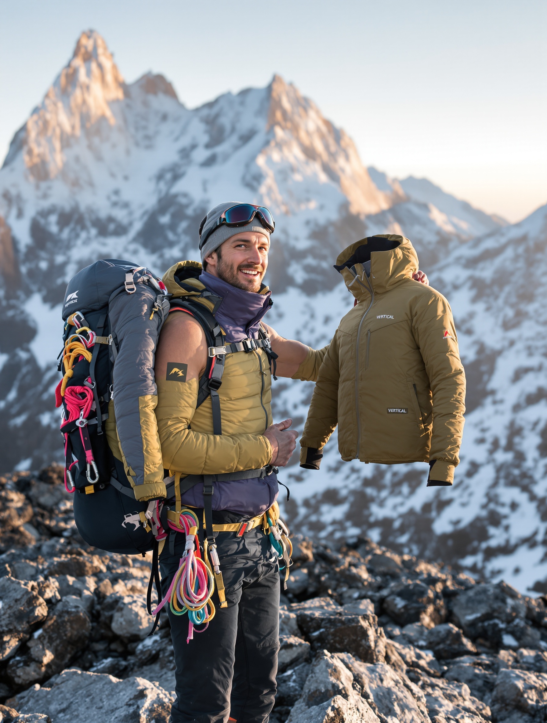 Un alpiniste comparant une veste Vertical à une grande marque au sommet