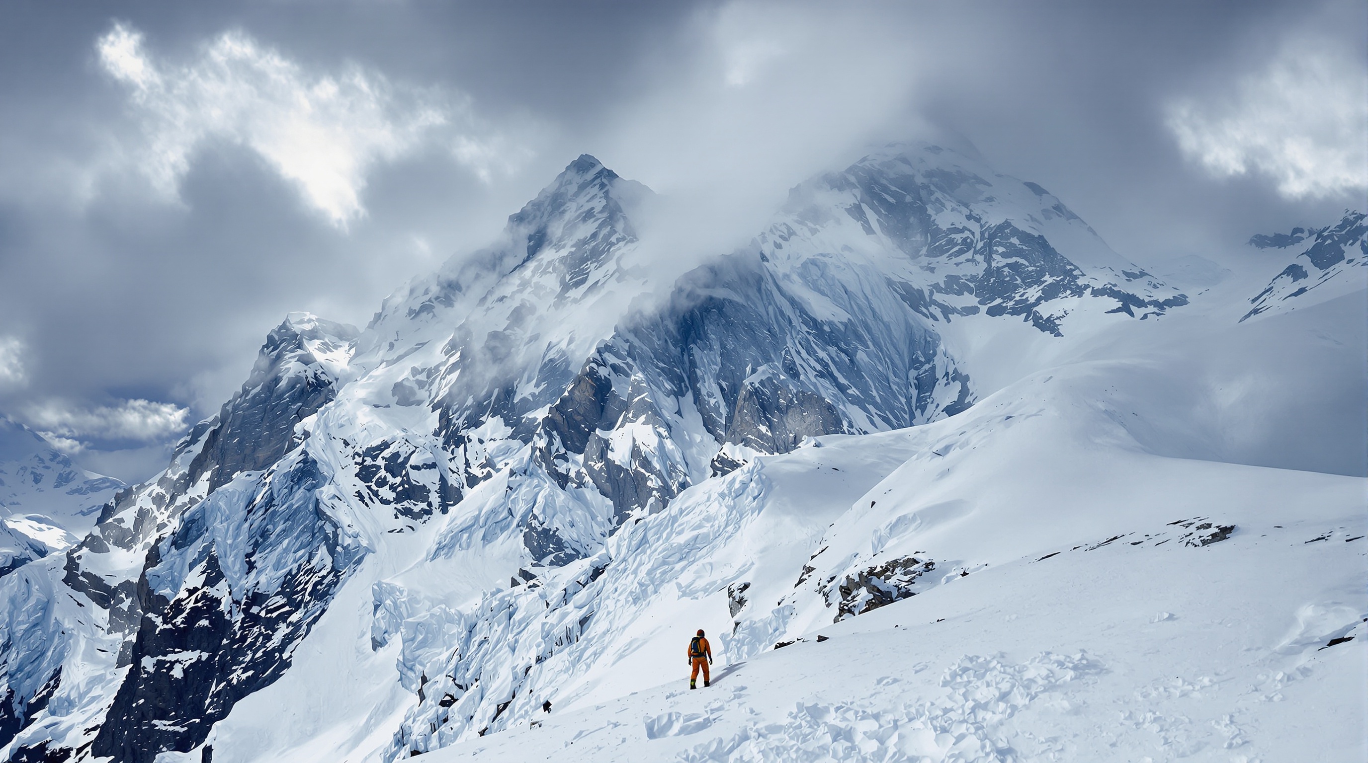 Alpiniste minuscule face à l'immensité du K2, ciel menaçant, ambiance dramatique.