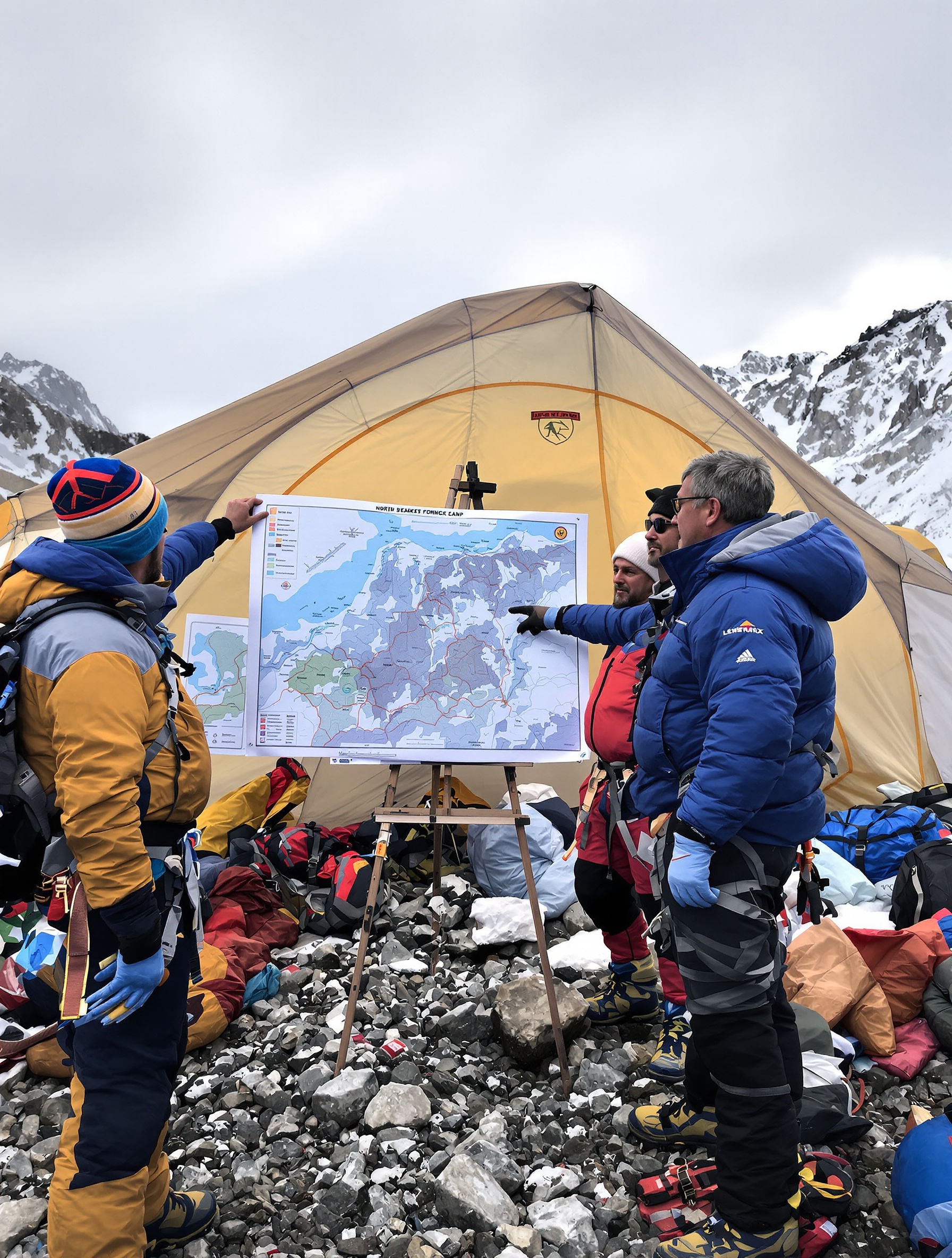 Alpinistes avec guide carte camp base nord Everest