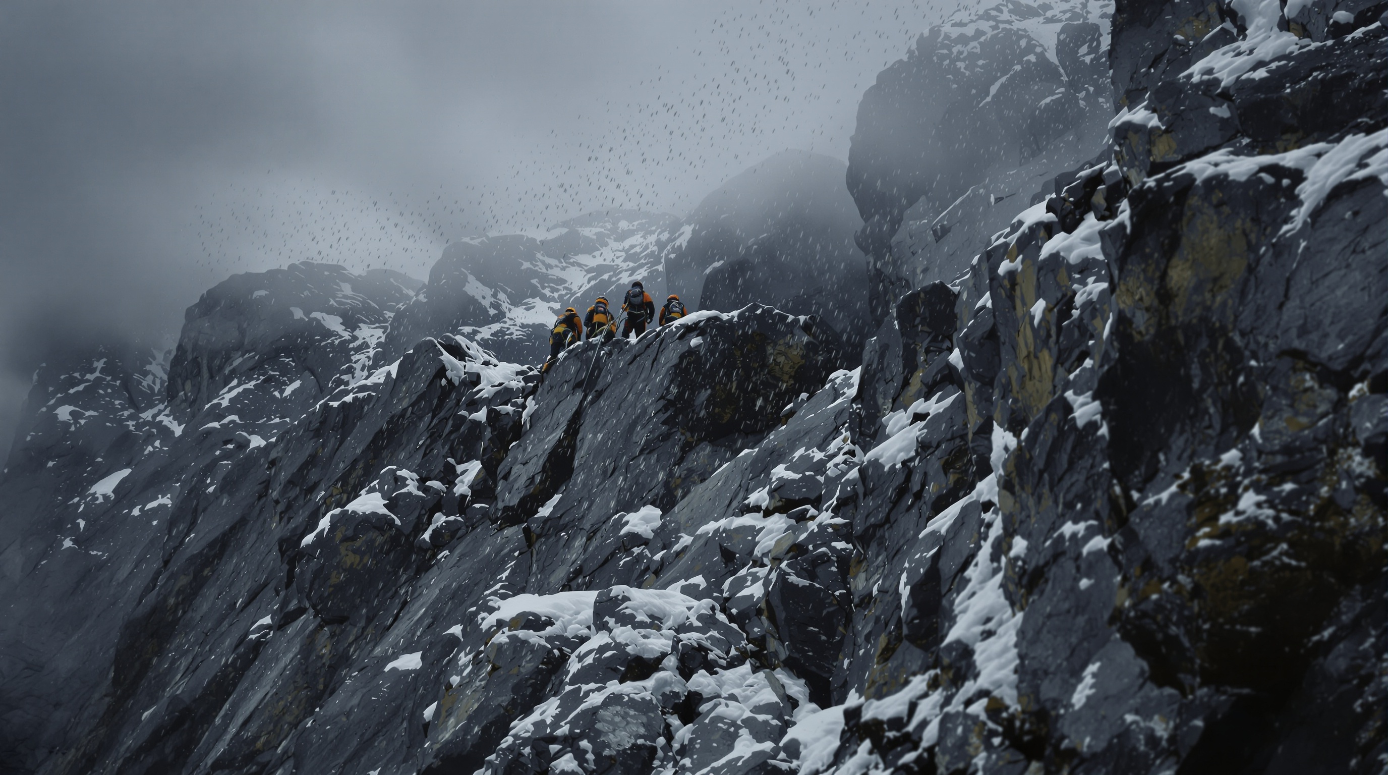 Alpinistes exposés sur la face nord de l'Eiger, par mauvais temps, des pierres tombant, ambiance sombre, cordée en difficulté, style documentaire