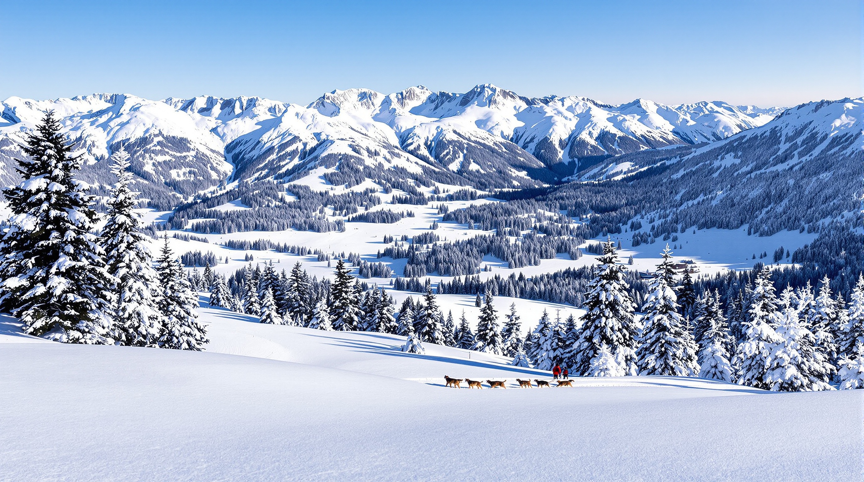 Ambiance hivernale typique de la Savoie : montagnes enneigées, sentier de raquettes serpentant entre des sapins givrés, silhouettes de traîneaux à chiens en mouvement, panorama sur les crêtes de La Plagne.