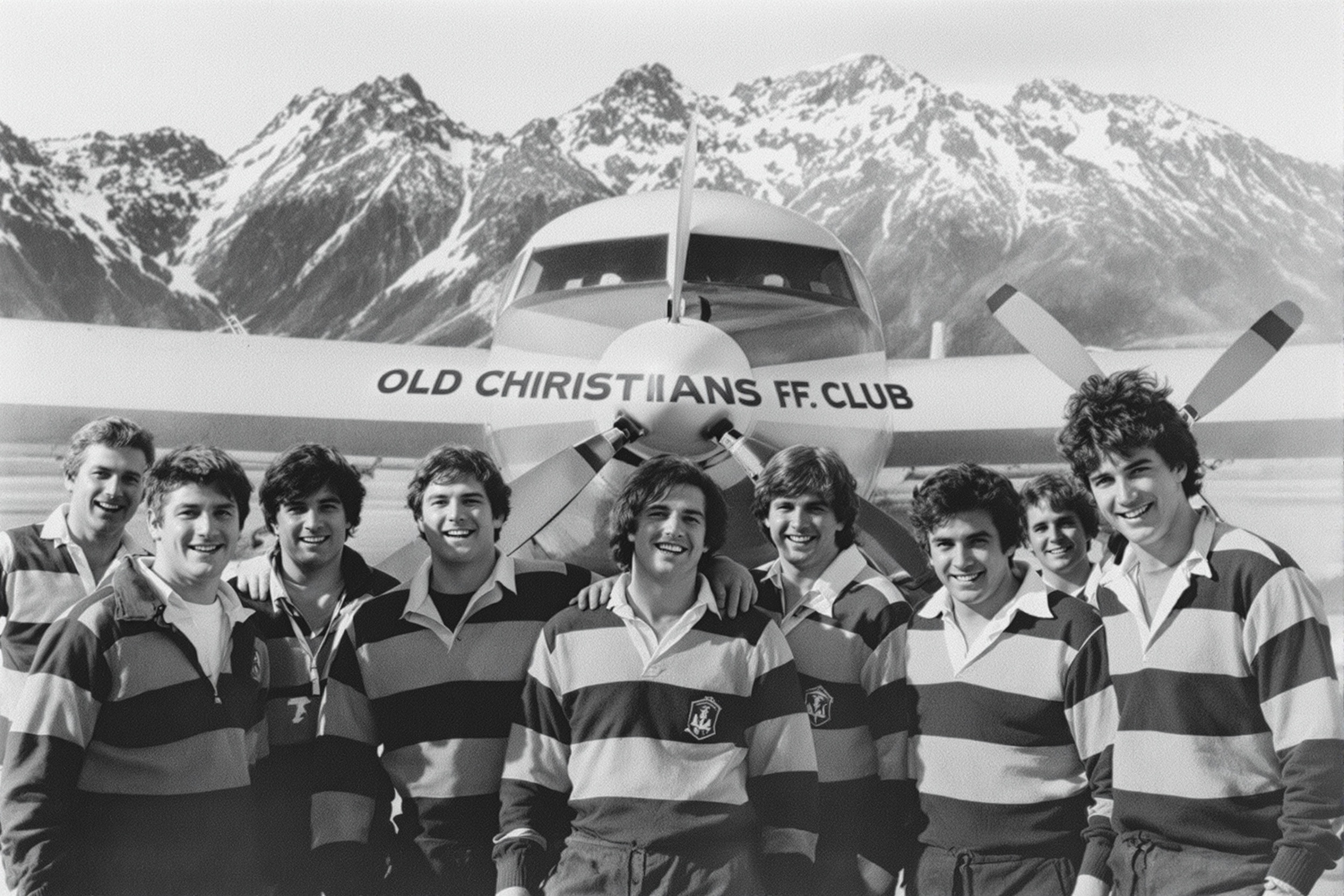 L’équipe de rugby Old Christians Club posant devant le Fairchild FH-227 avant le crash