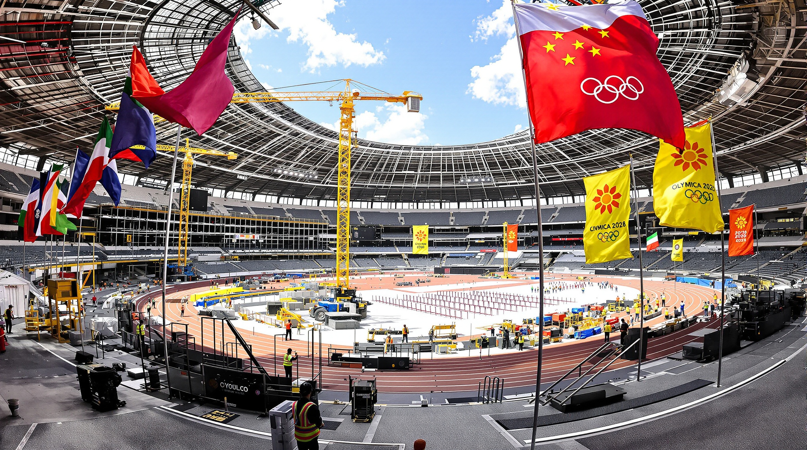 Vue dynamique d'une arène olympique en construction à Milan pour les JO 2026.