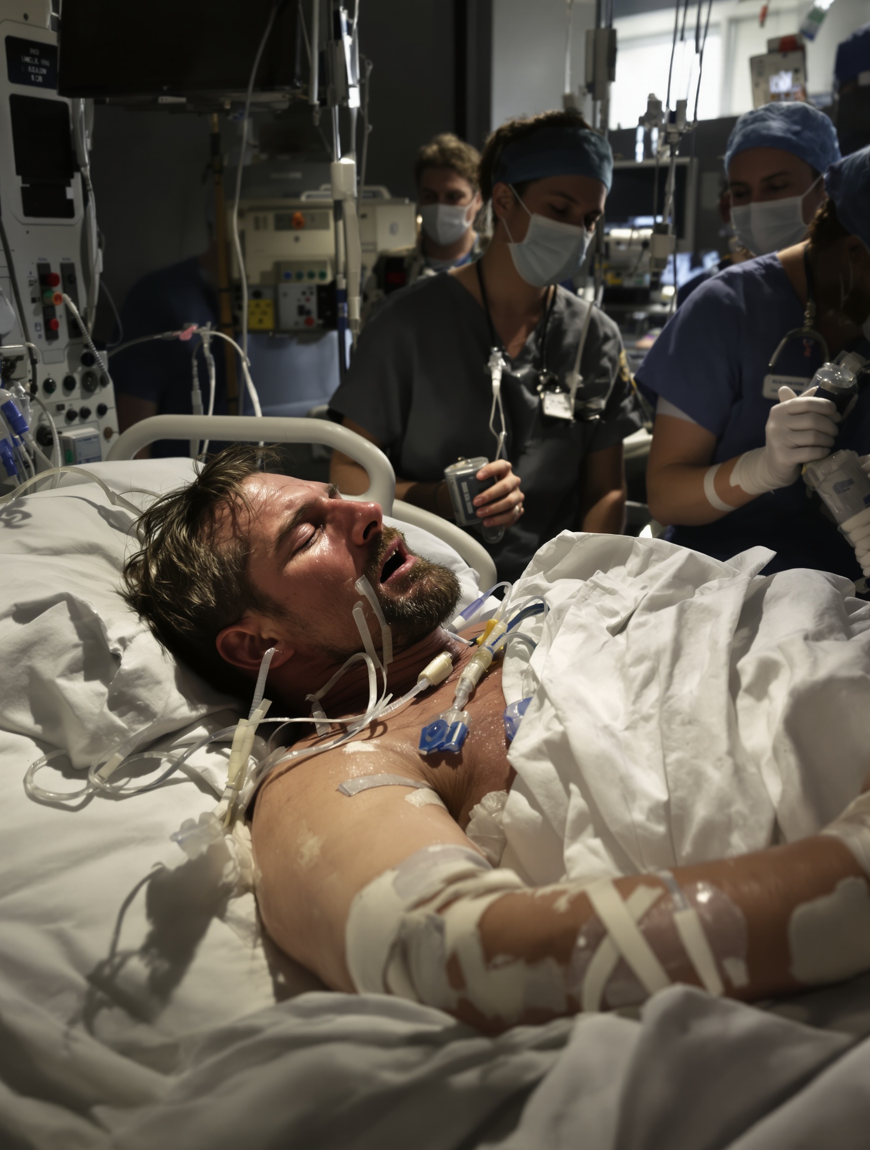 Aron Ralston à l'hôpital, entouré de médecins, moignon bandé.