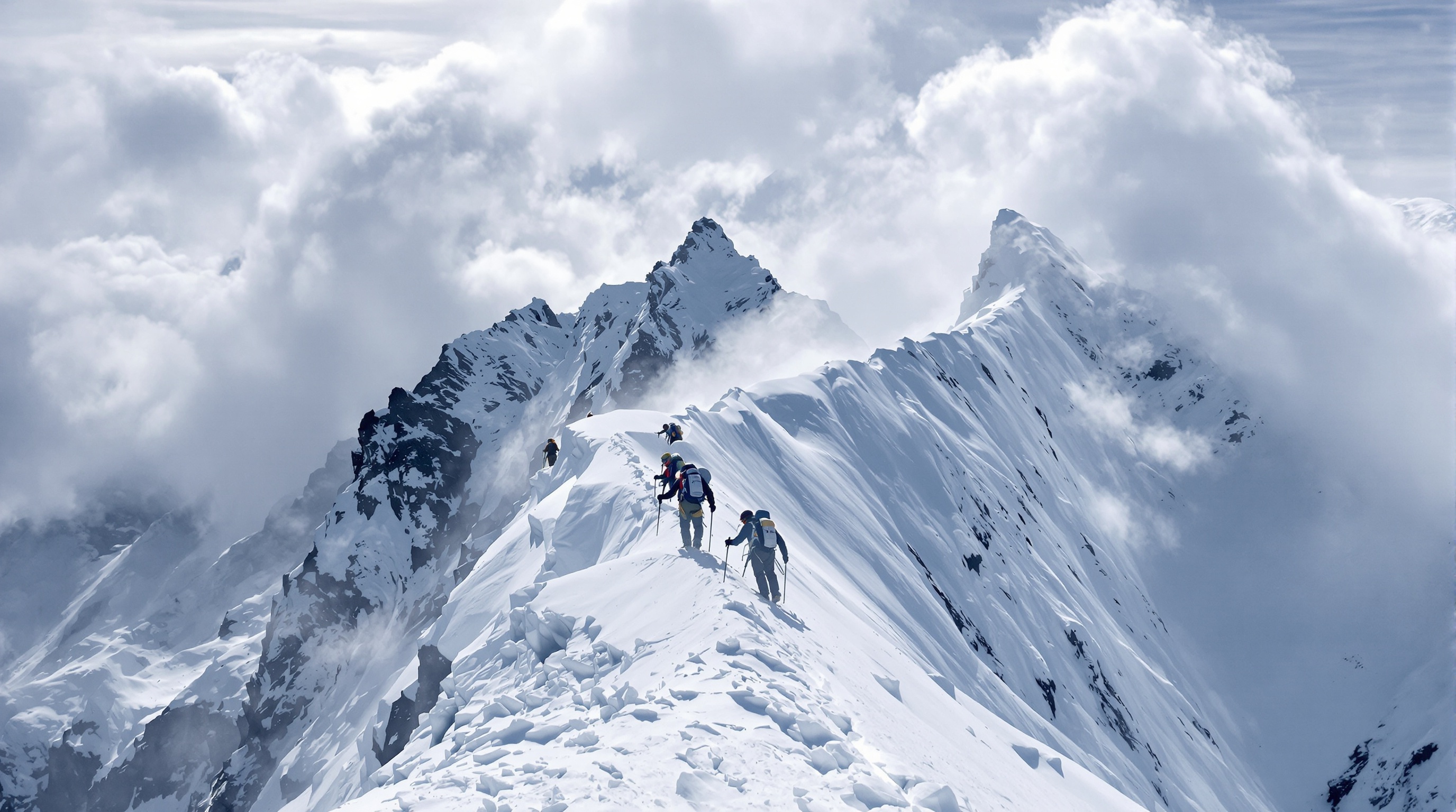 Ascension hivernale du K2 : alpinistes progressant dans une ambiance glaciale, vent hurlant, neige profonde, silhouettes équipées de piolets sur les arêtes.