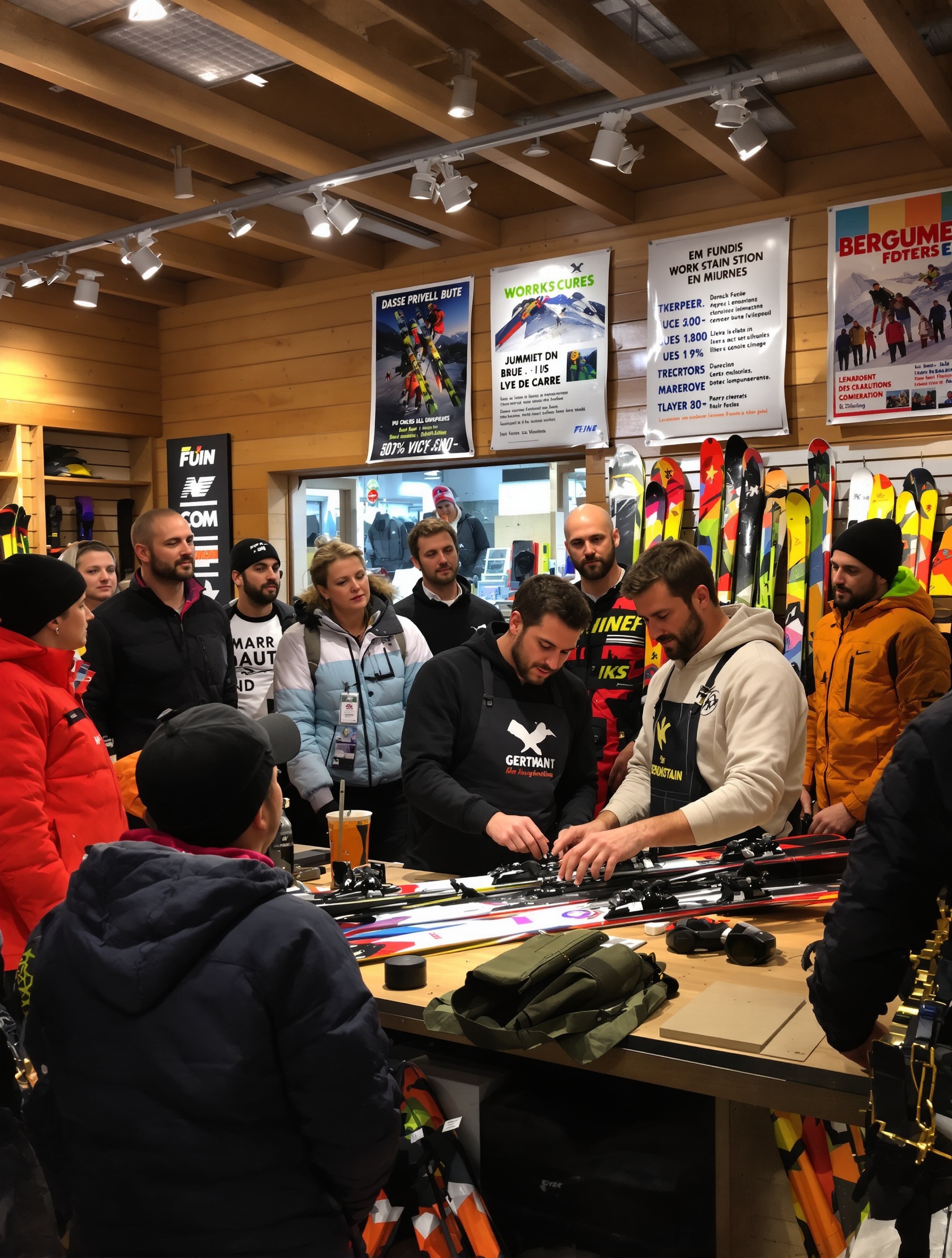 Atelier entretien skis dans un Mountain Shop, ambiance conviviale.