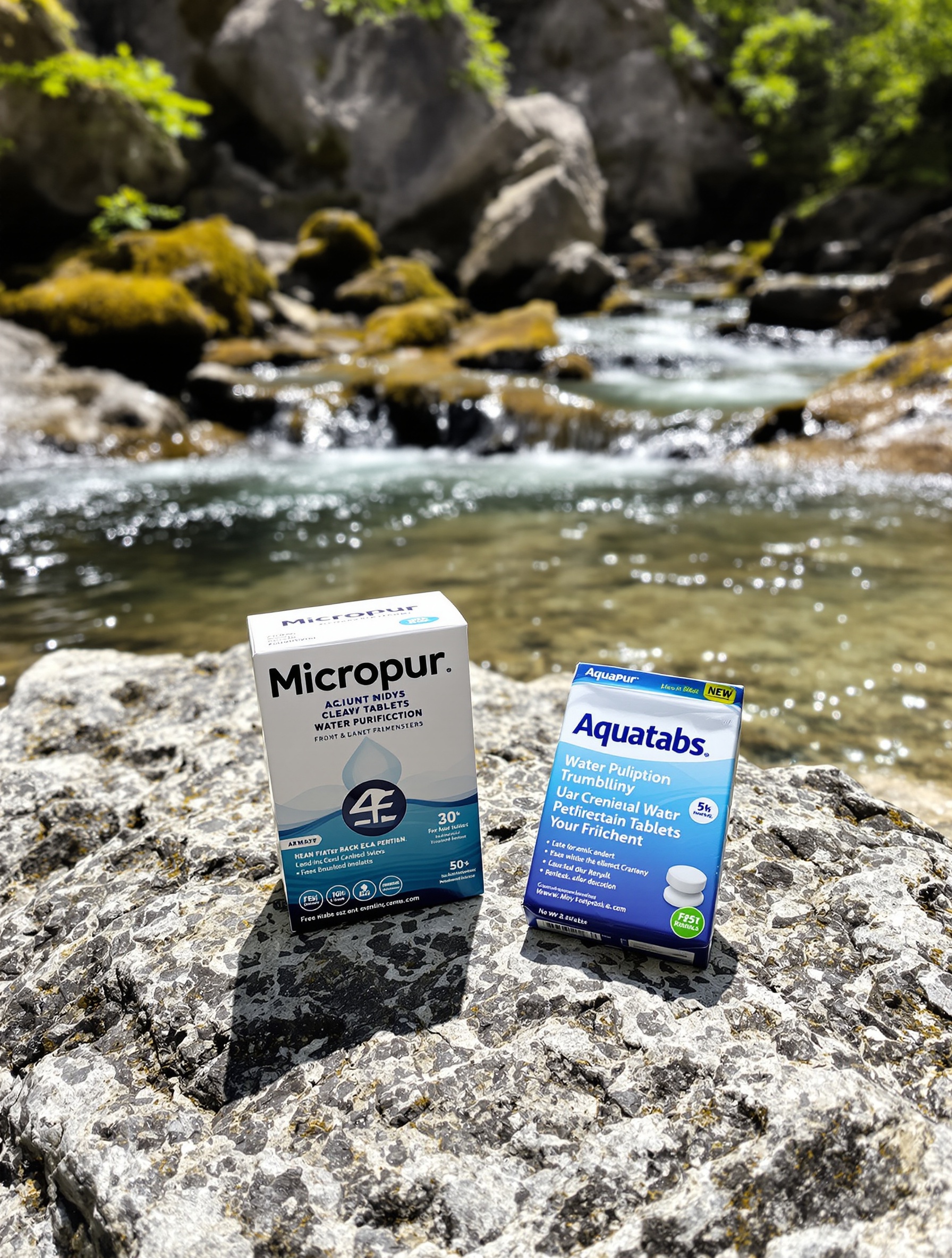 Micropur et Aquatabs sur un rocher, ambiance randonnée