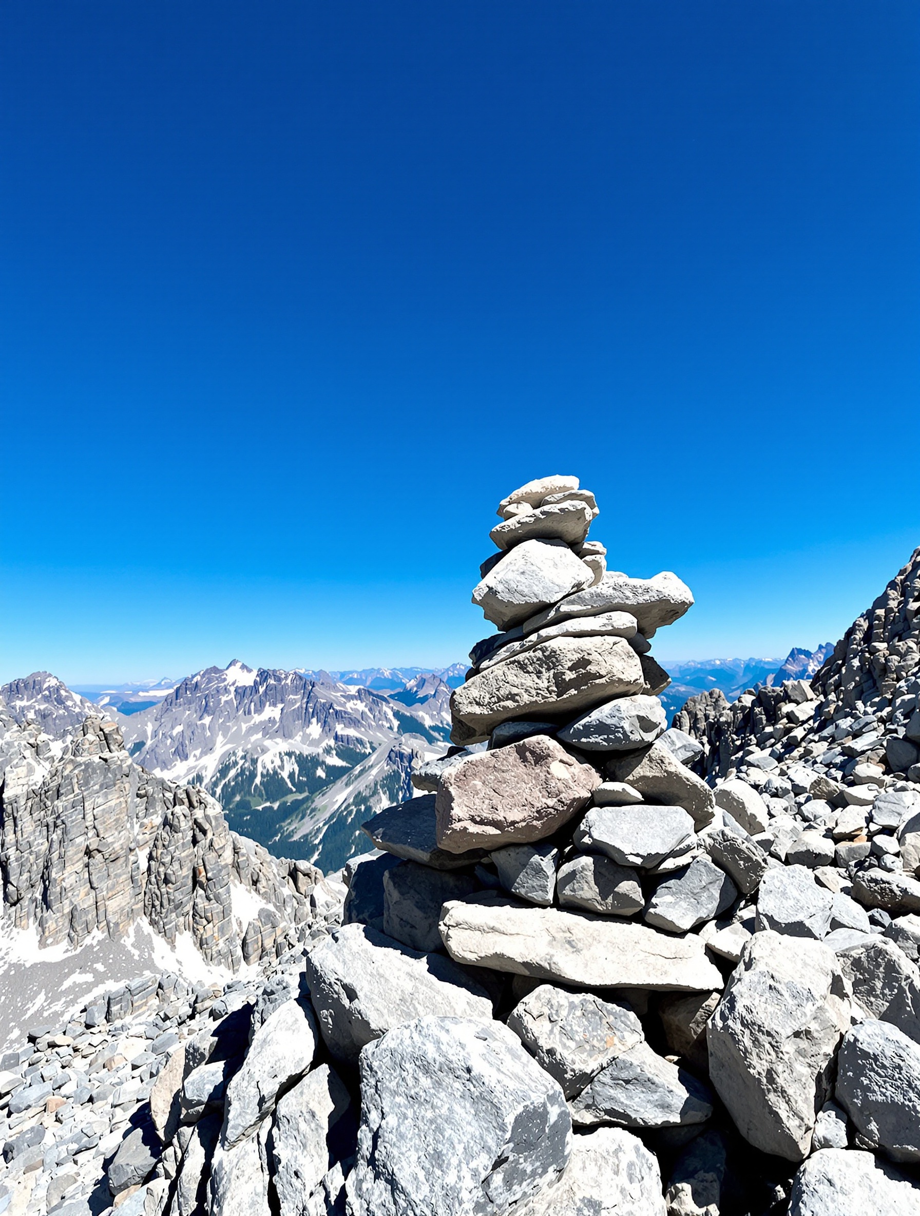 Cairn authentique balisant un sentier rocailleux dans les Alpes sous ciel bleu.