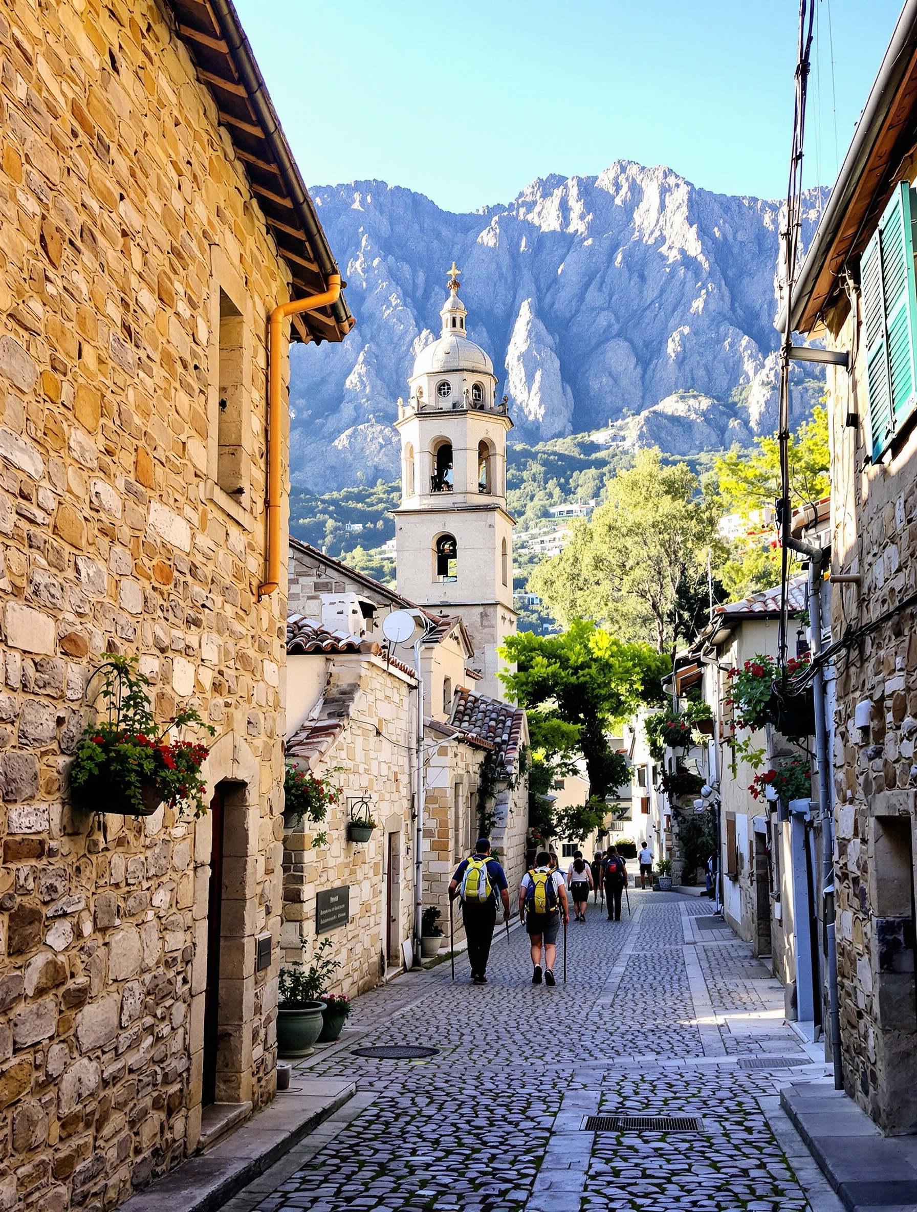Vue pittoresque du village de Calenzana : maison en pierre, ruelles étroites, église typique, montagnes corses à l’arrière-plan, quelques randonneurs en train de flâner.