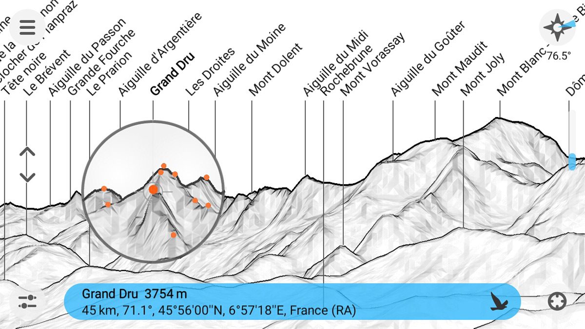 Capture d'écran de PeakFinder identifiant le Mont-Blanc avec ses informations associées, illustrant la précision de l'application lors d'une sortie en montagne.