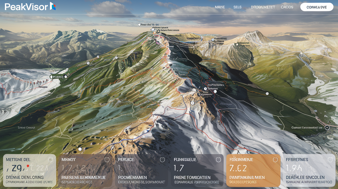 Exemple de carte 3D PeakVisor montrant un relief montagneux détaillé, avec des informations sur les sentiers et les sommets environnants.