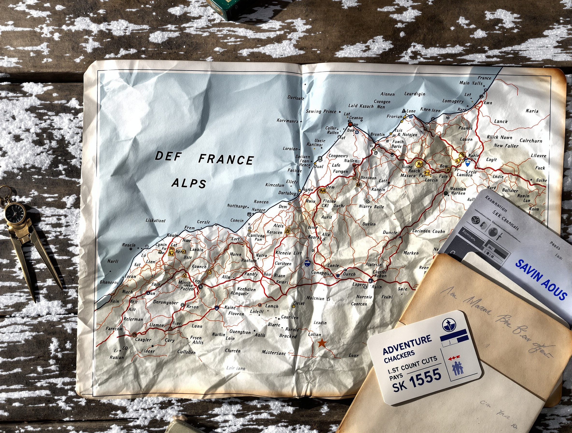 Carte ancienne froissée des Alpes françaises sur table rustique avec boussole