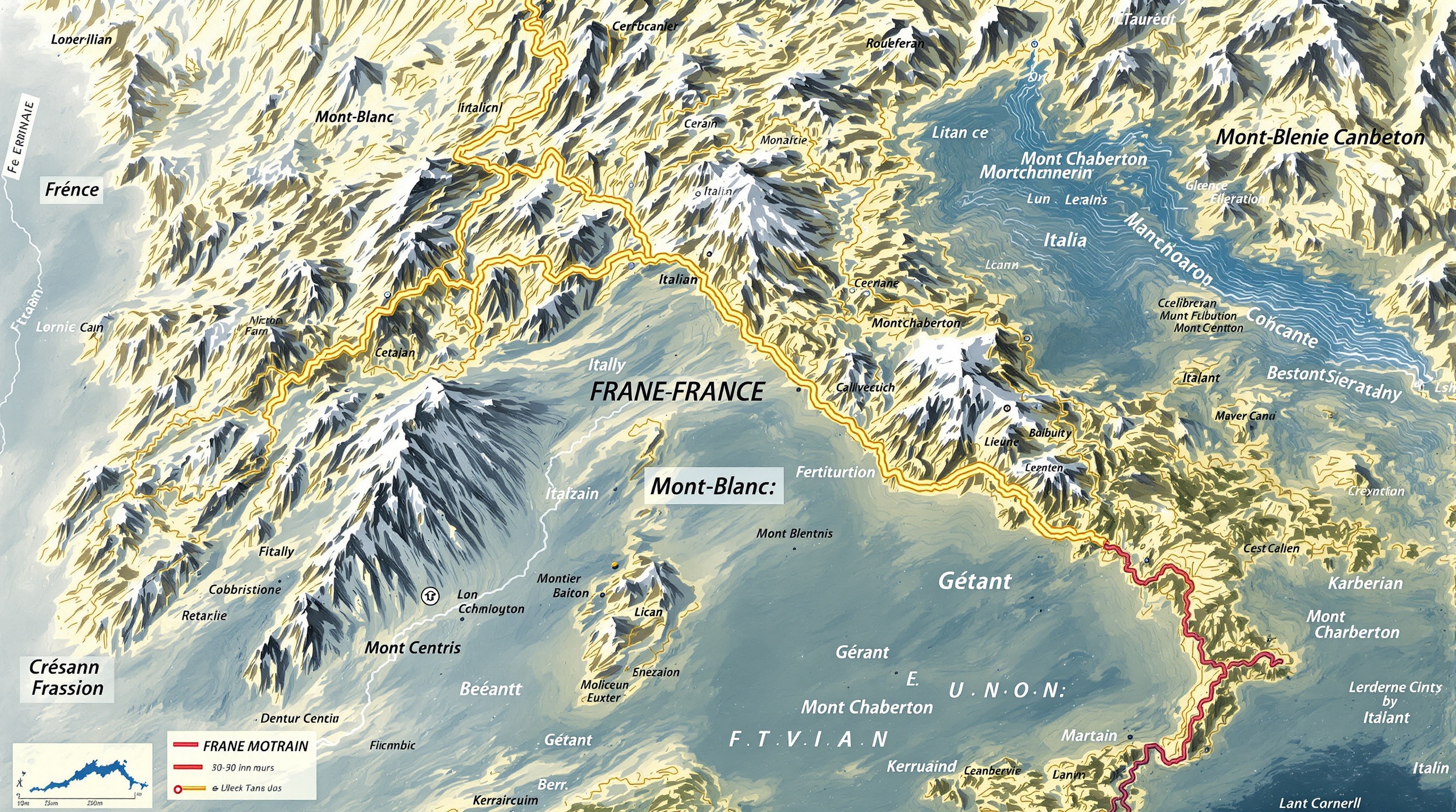 Carte détaillée de la frontière franco-italienne à travers les Alpes