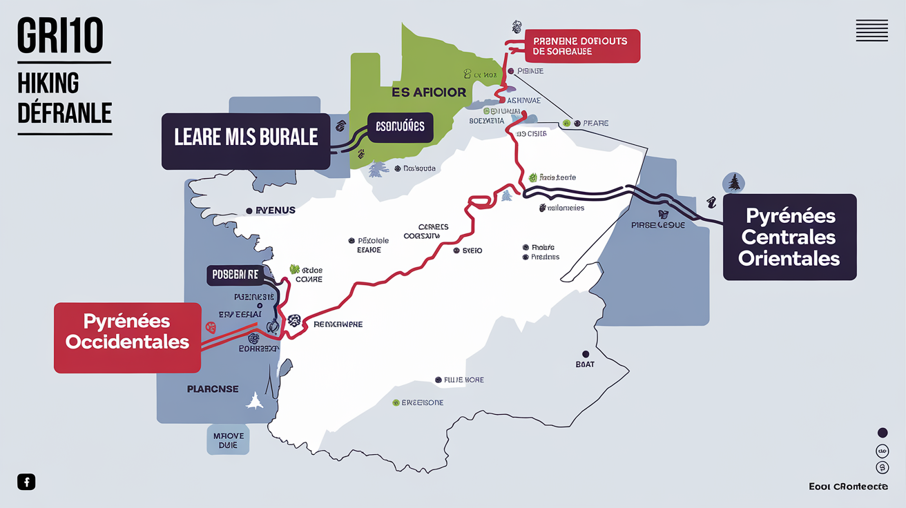 Carte schématique du GR10 montrant le découpage en trois grandes régions : Pyrénées Occidentales, Centrales et Orientales.