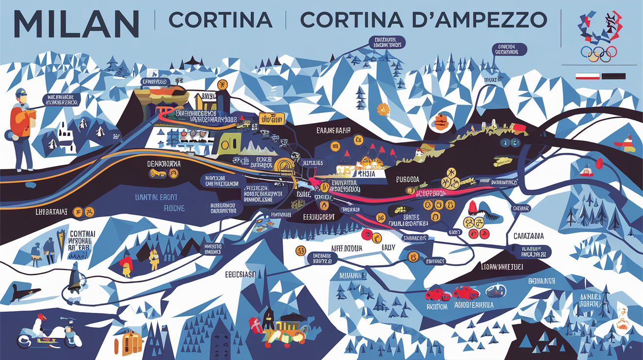 Carte stylisée des sites des Jeux Olympiques d'hiver 2026, Milan et Cortina d'Ampezzo.