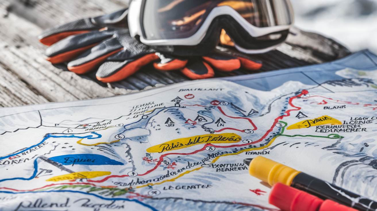 Carte annotée de station de ski, symboles colorés et échelles