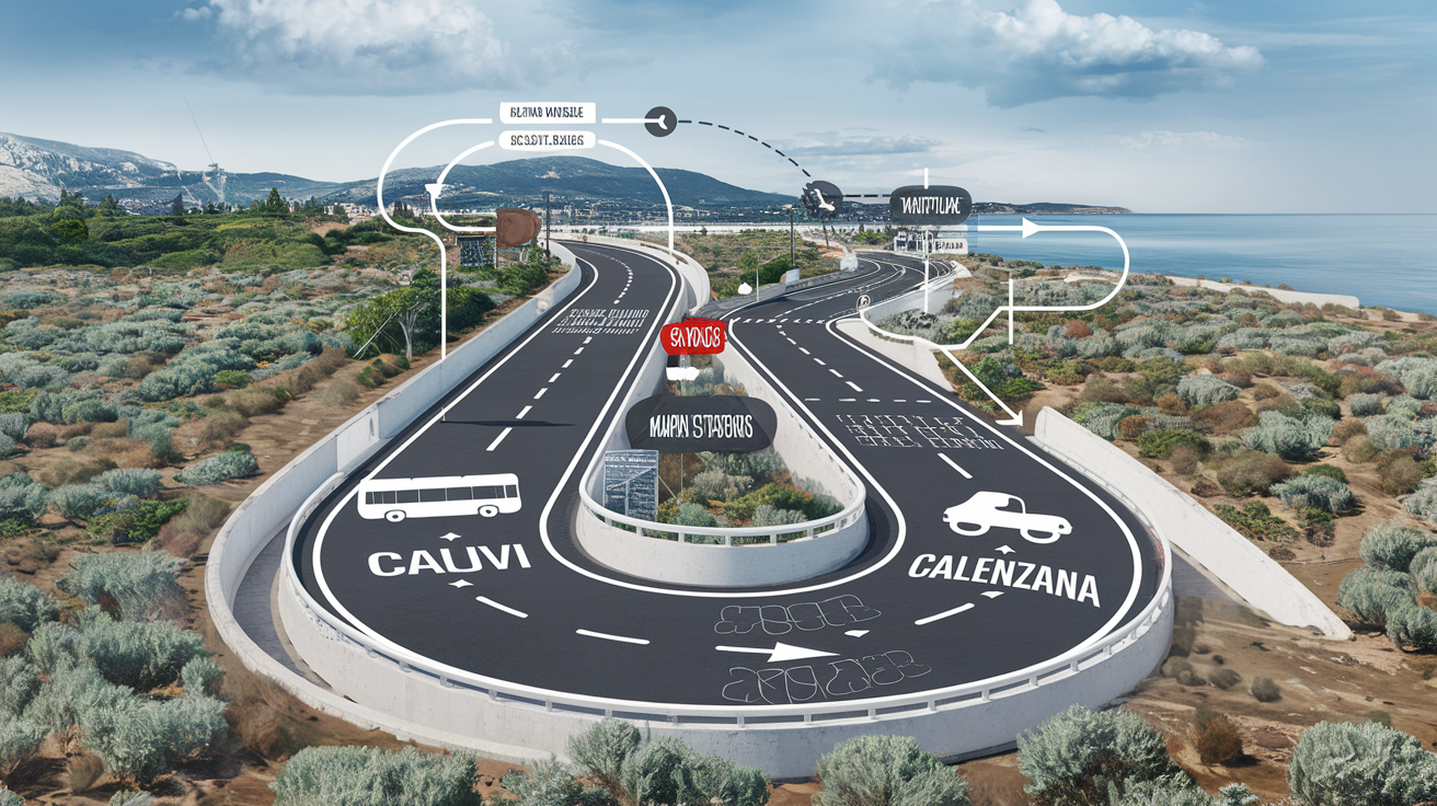 Carte précise des transports entre Calvi et Calenzana – bus, navette et taxi illustrés