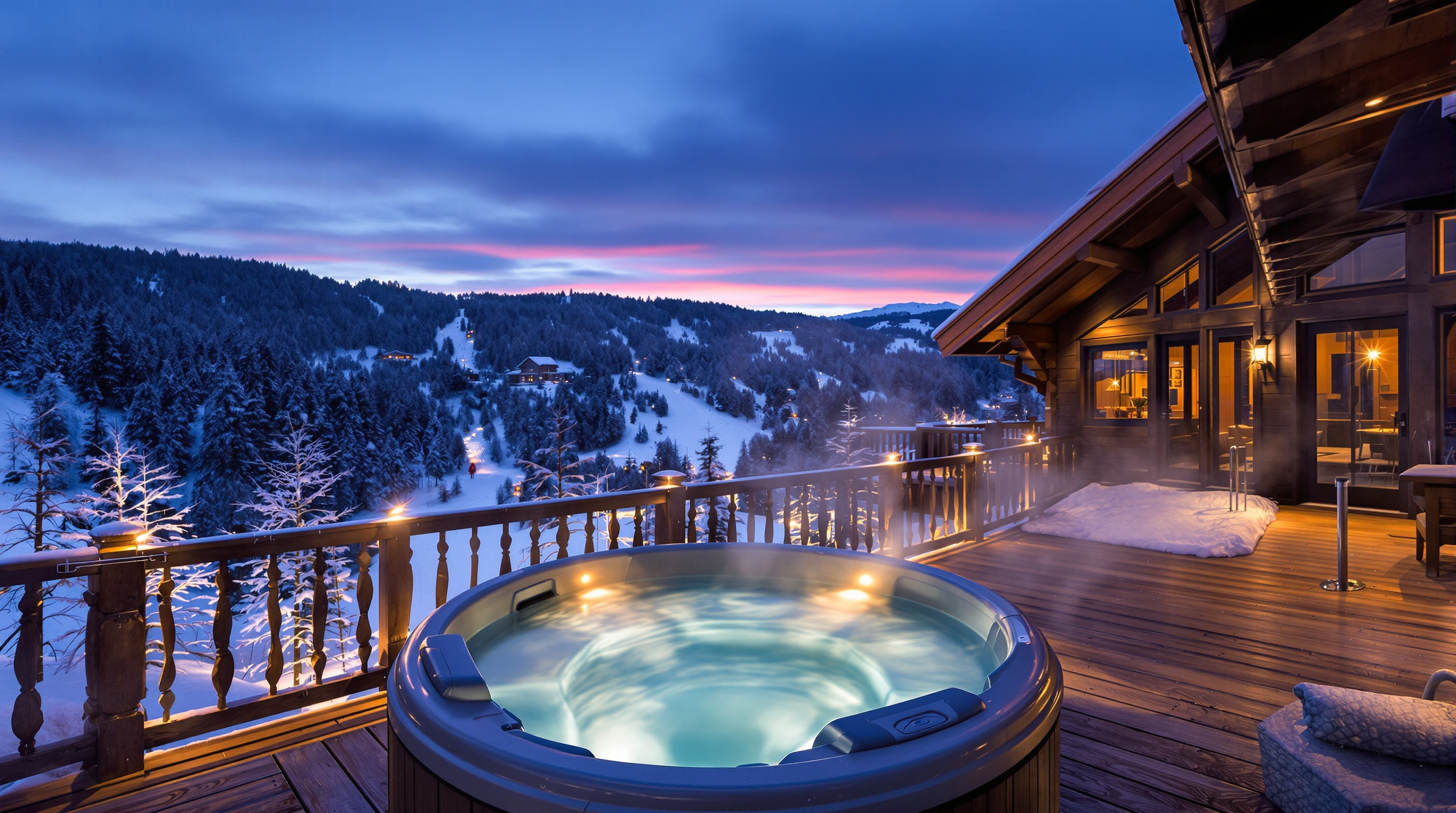 Chalet luxe spa montagne crépuscule