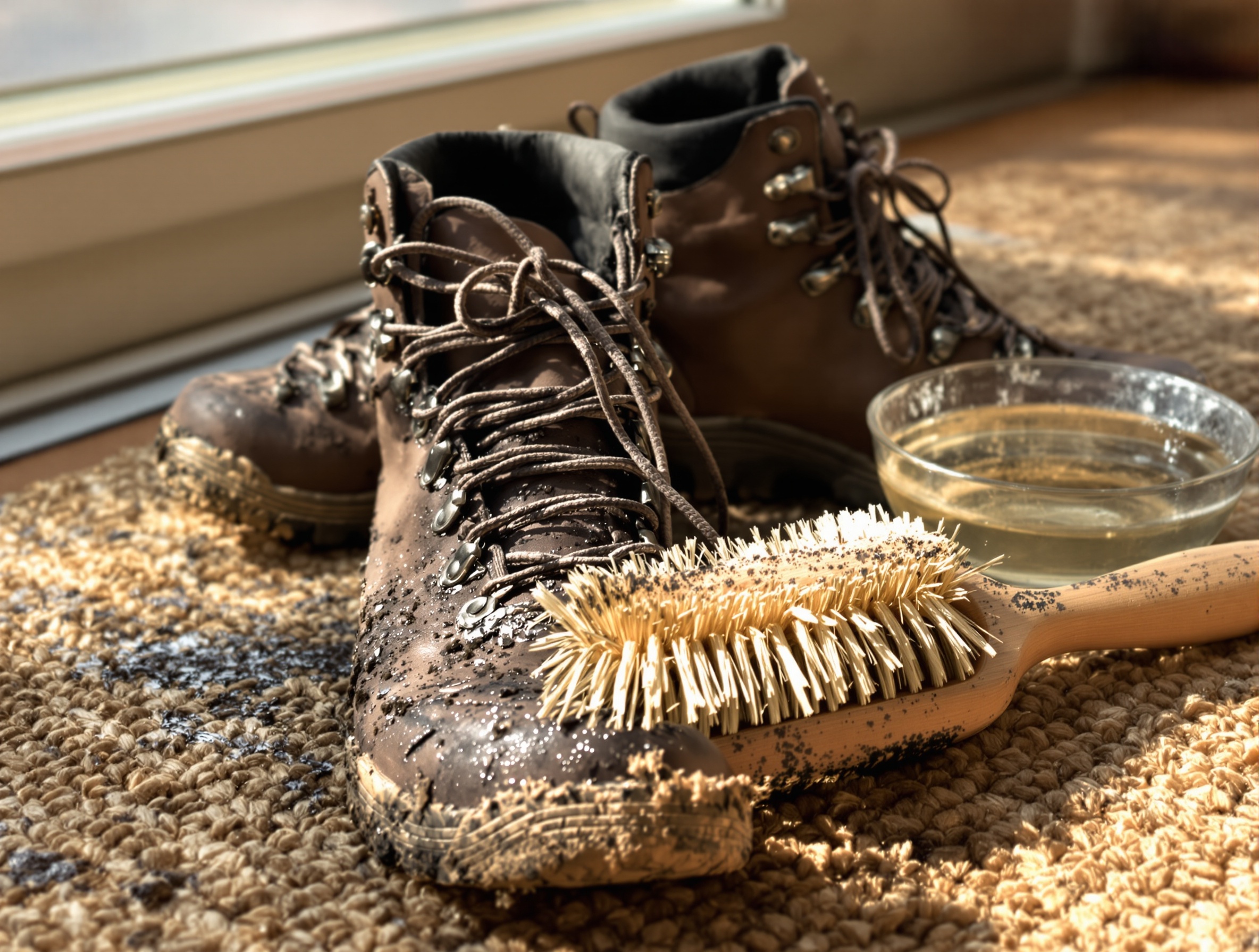 Chaussures de randonnée couvertes de boue sur un paillasson avec brosse et eau claire.