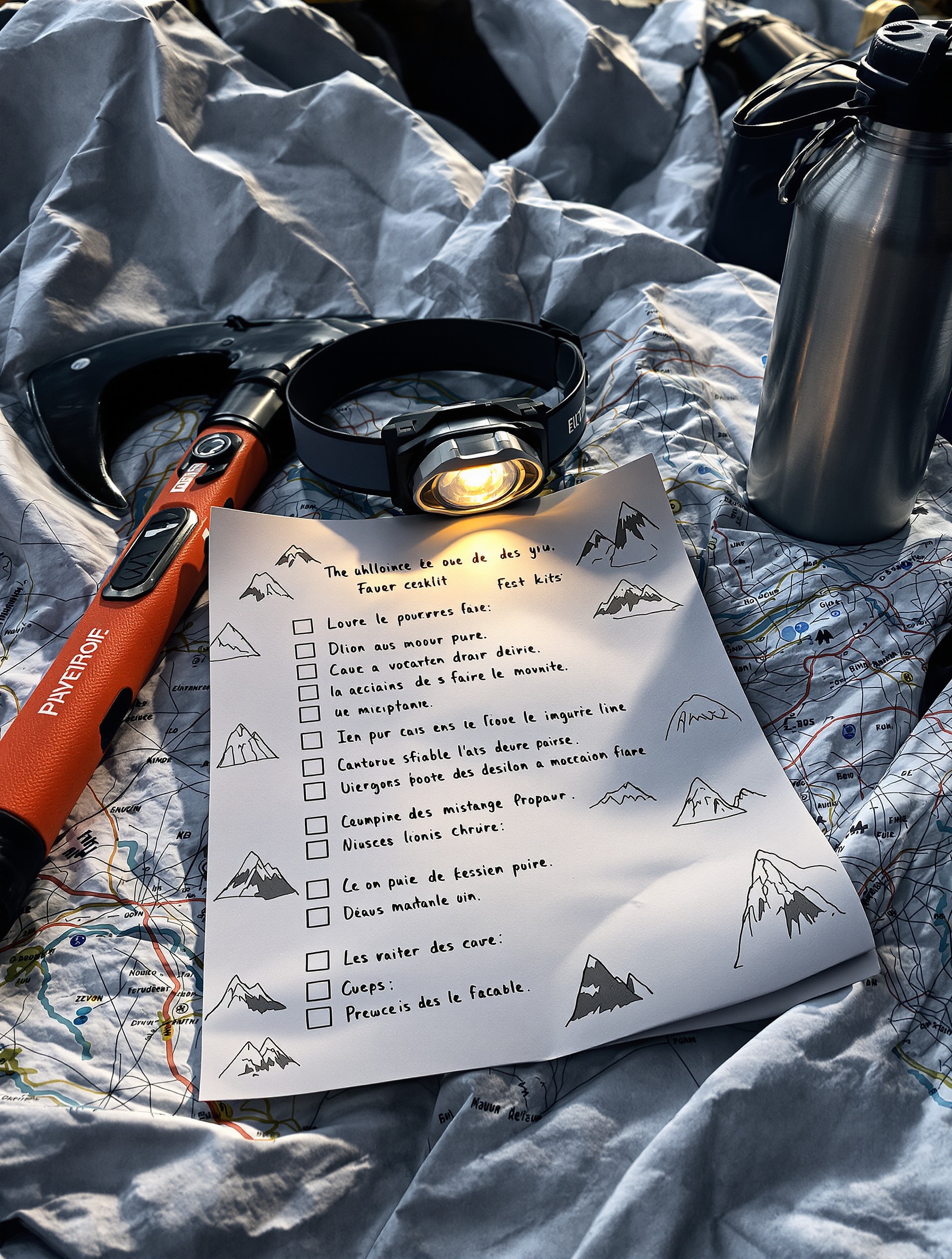 Checklist manuscrite posée sur une carte topographique fripée, avec un piolet et une gourde, ambiance bivouac d’altitude, croquis de montagnes esquissées sur la checklist.