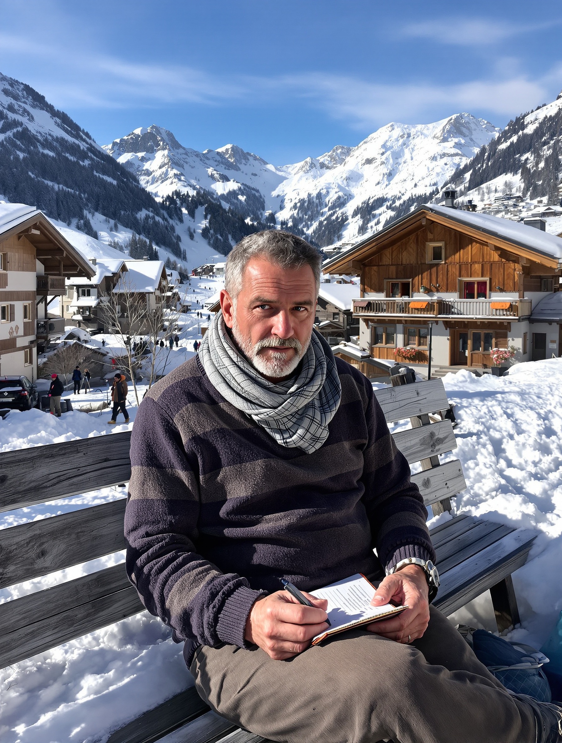 Un chroniqueur montagnard assis sur un banc à Avoriaz, carnet en main devant les tavaillons typiques et la neige.