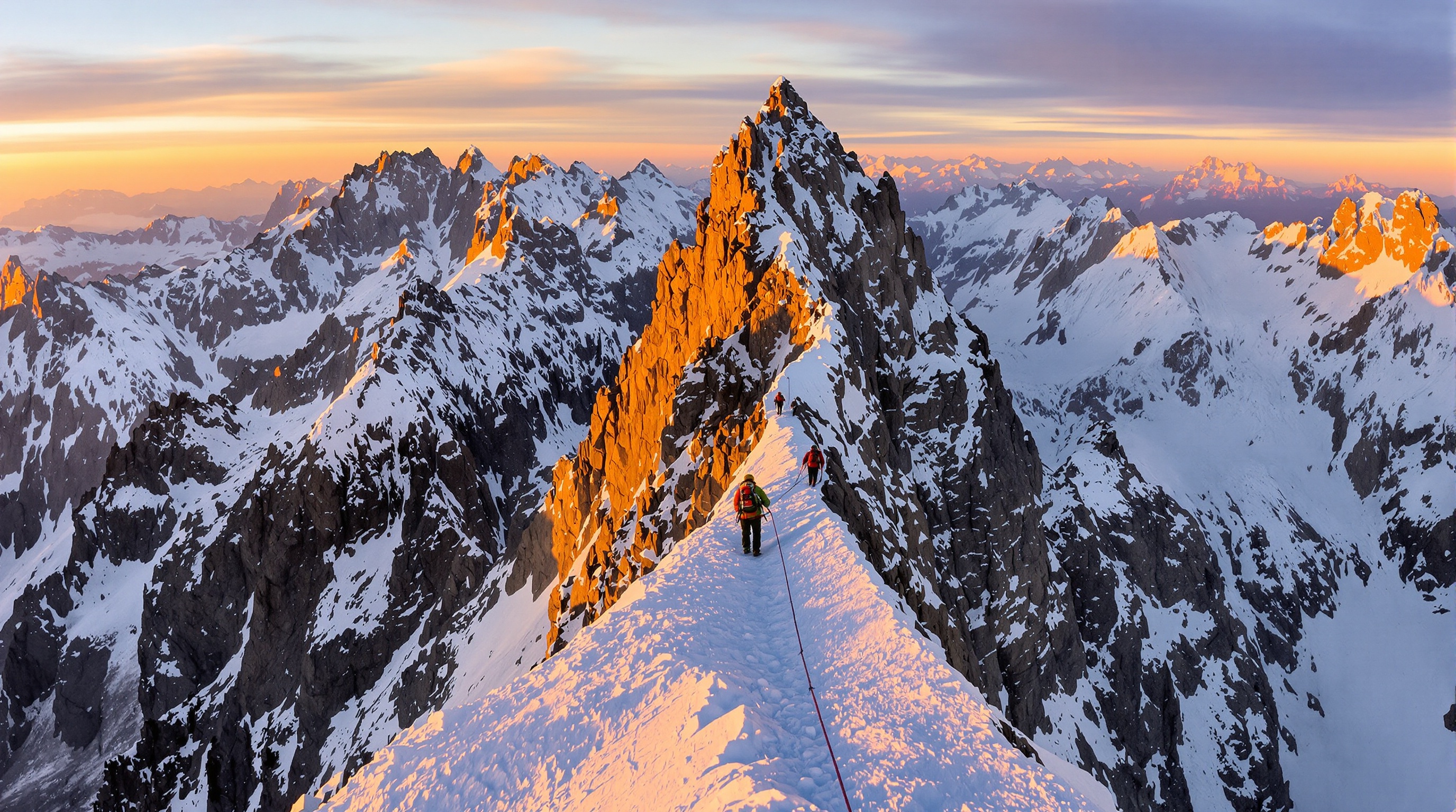 Vue épique sur les arêtes dorées de la Meije au lever du jour