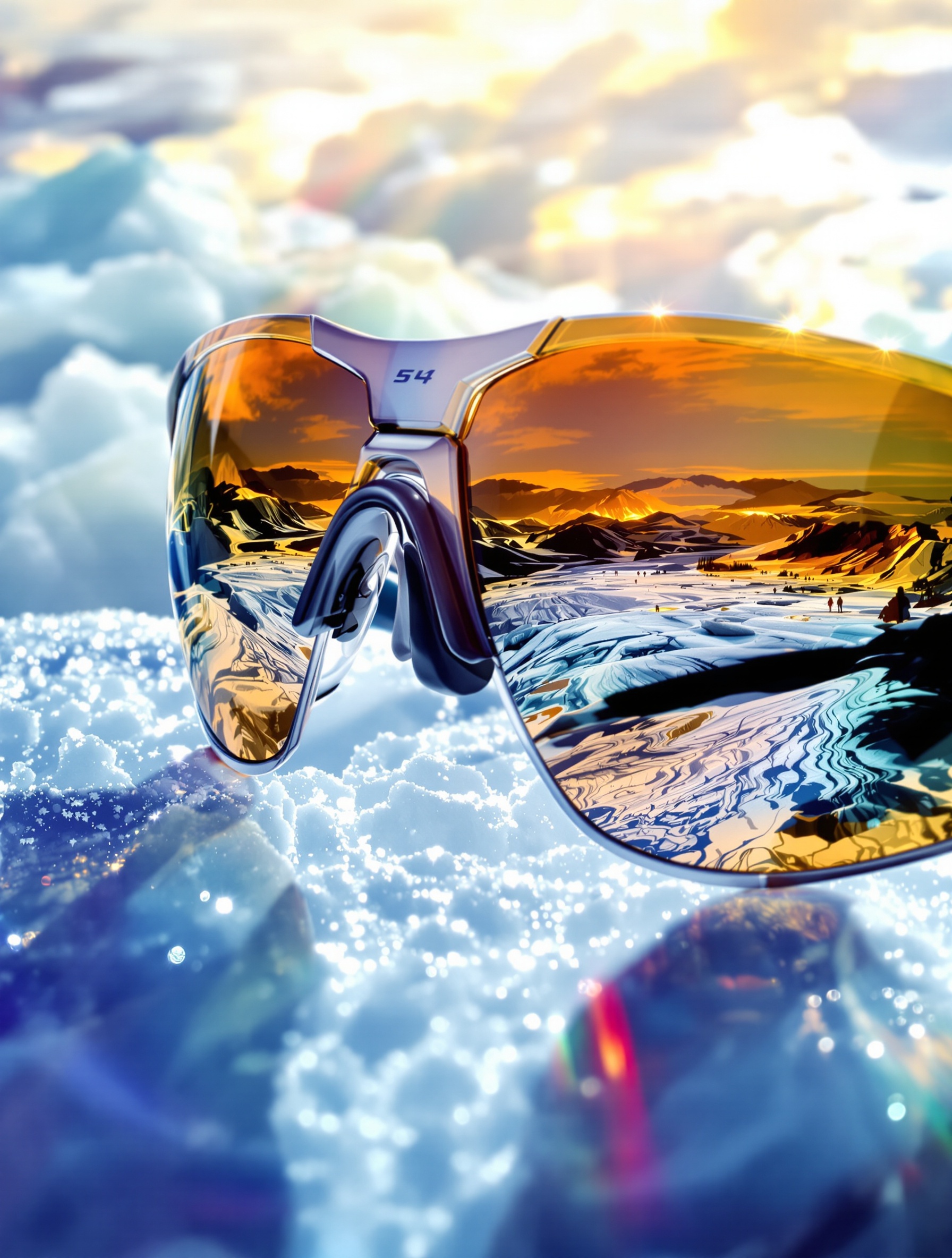 Lunettes glacier catégorie 4 équipées de coques latérales amovibles et verres miroités sur fond de glacier alpin.