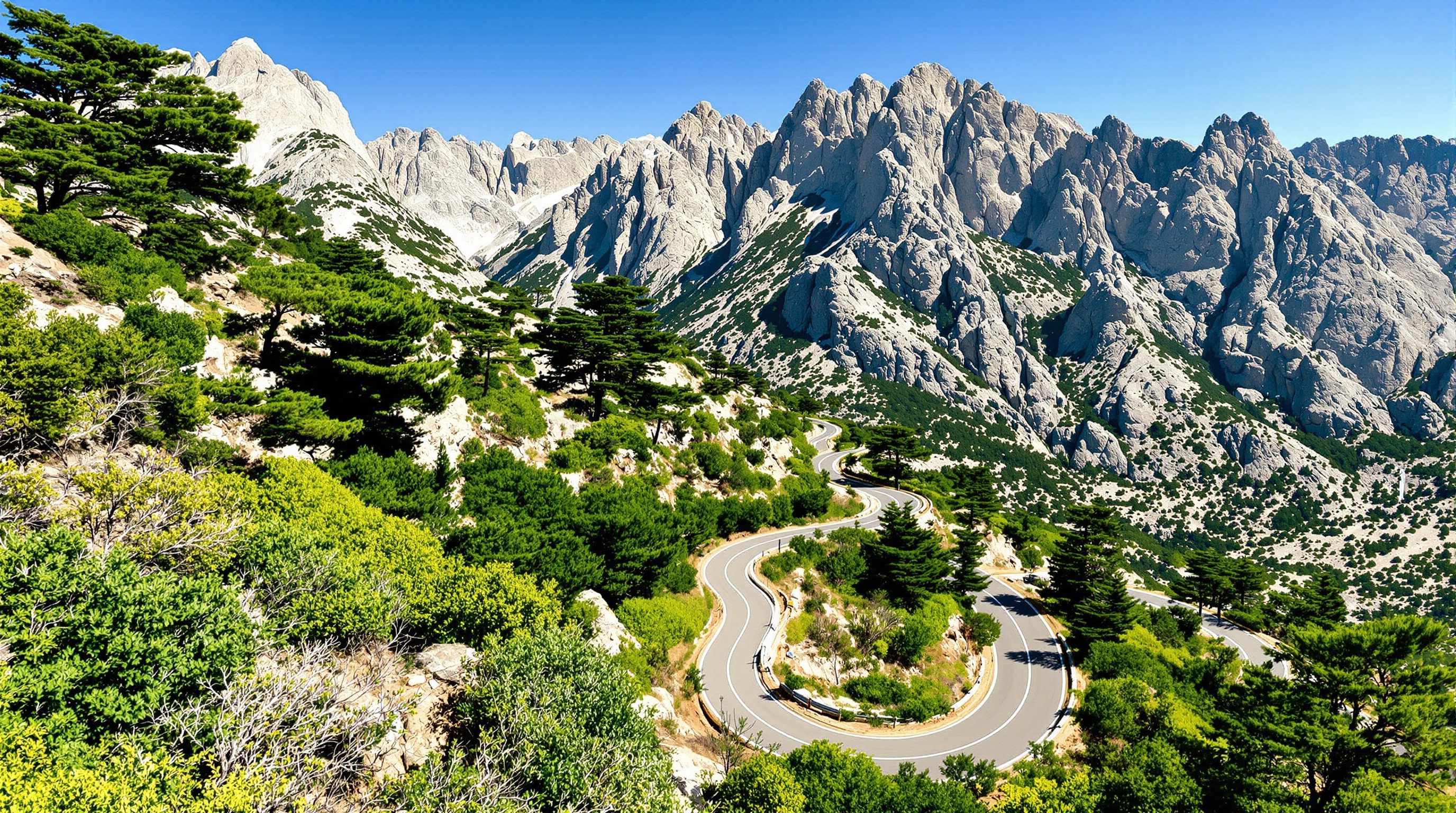 Route sinueuse D268 montant vers le Col de Bavella avec arrière-plan sur les aiguilles granitiques.