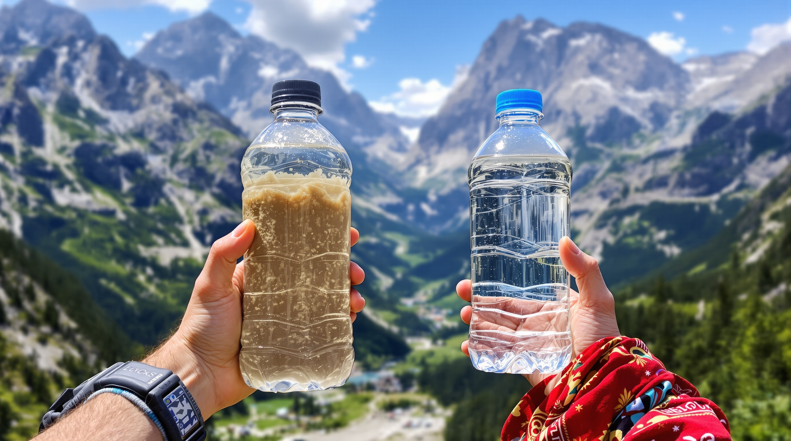 Comparaison entre eau boueuse et eau pré-filtrée en montagne