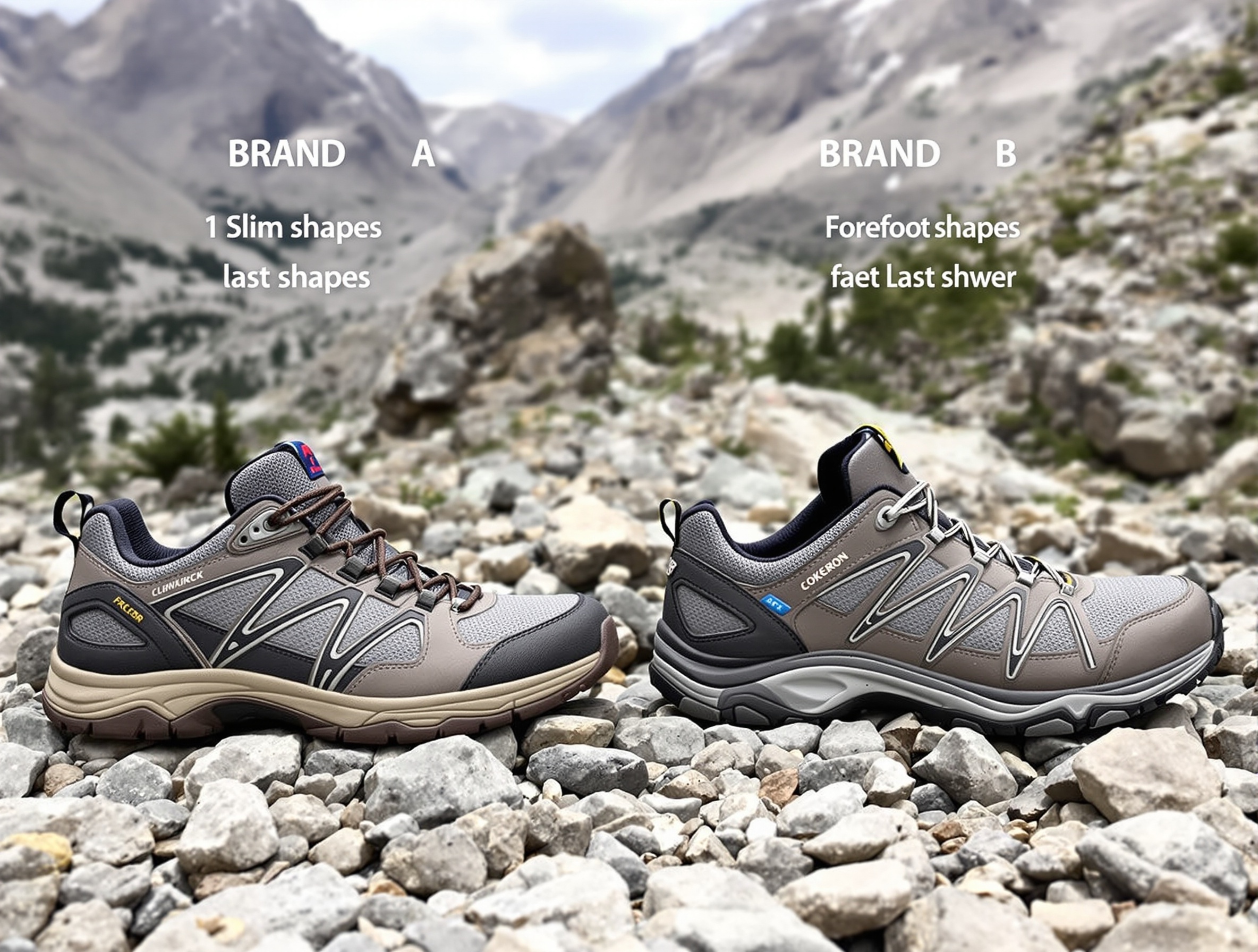 Une paire de chaussures de randonnée de marque A à côté d'une paire de marque B, montrant des différences subtiles dans la 'forme' et le 'chaussant' malgré une pointure théoriquement identique, illustrant la spécificité des fabricants.