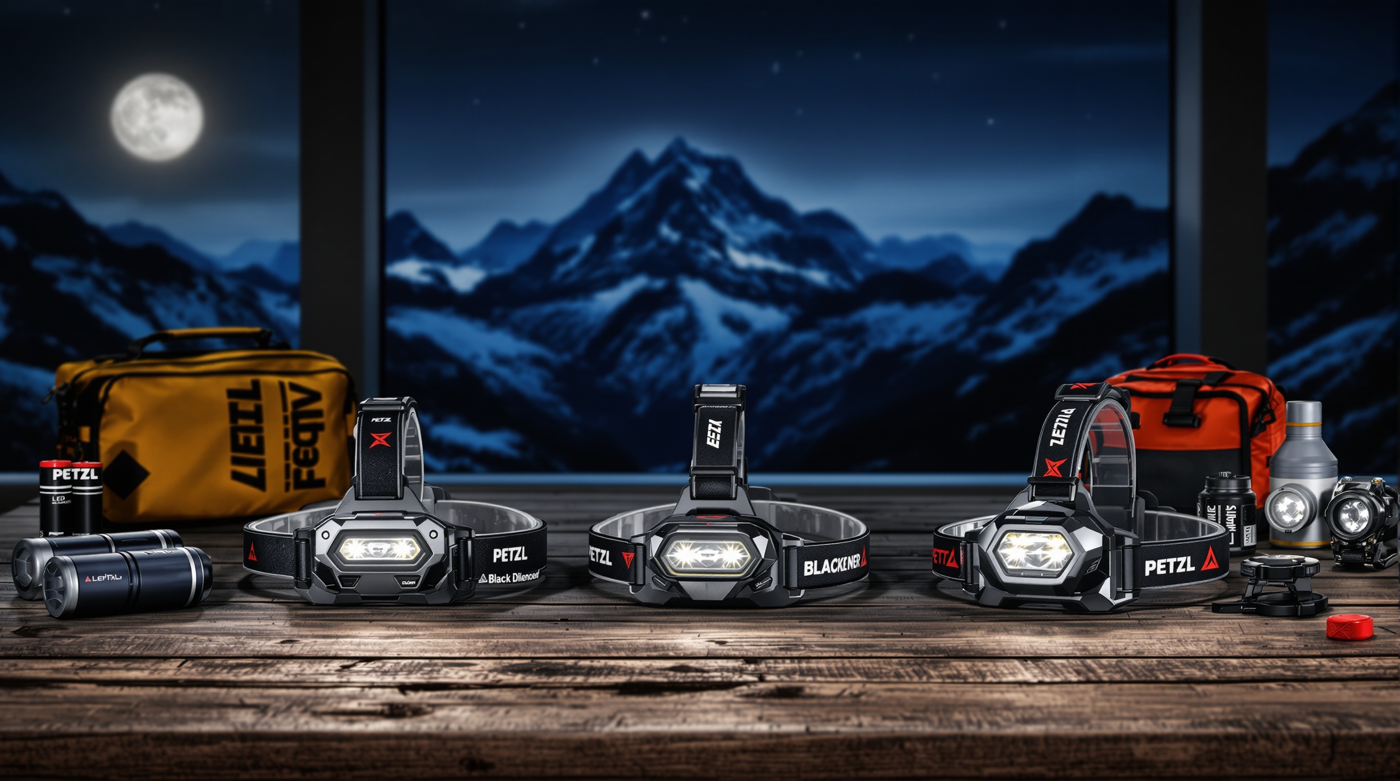 Comparatif visuel Petzl, Black Diamond, LedLenser avec montagne nocturne