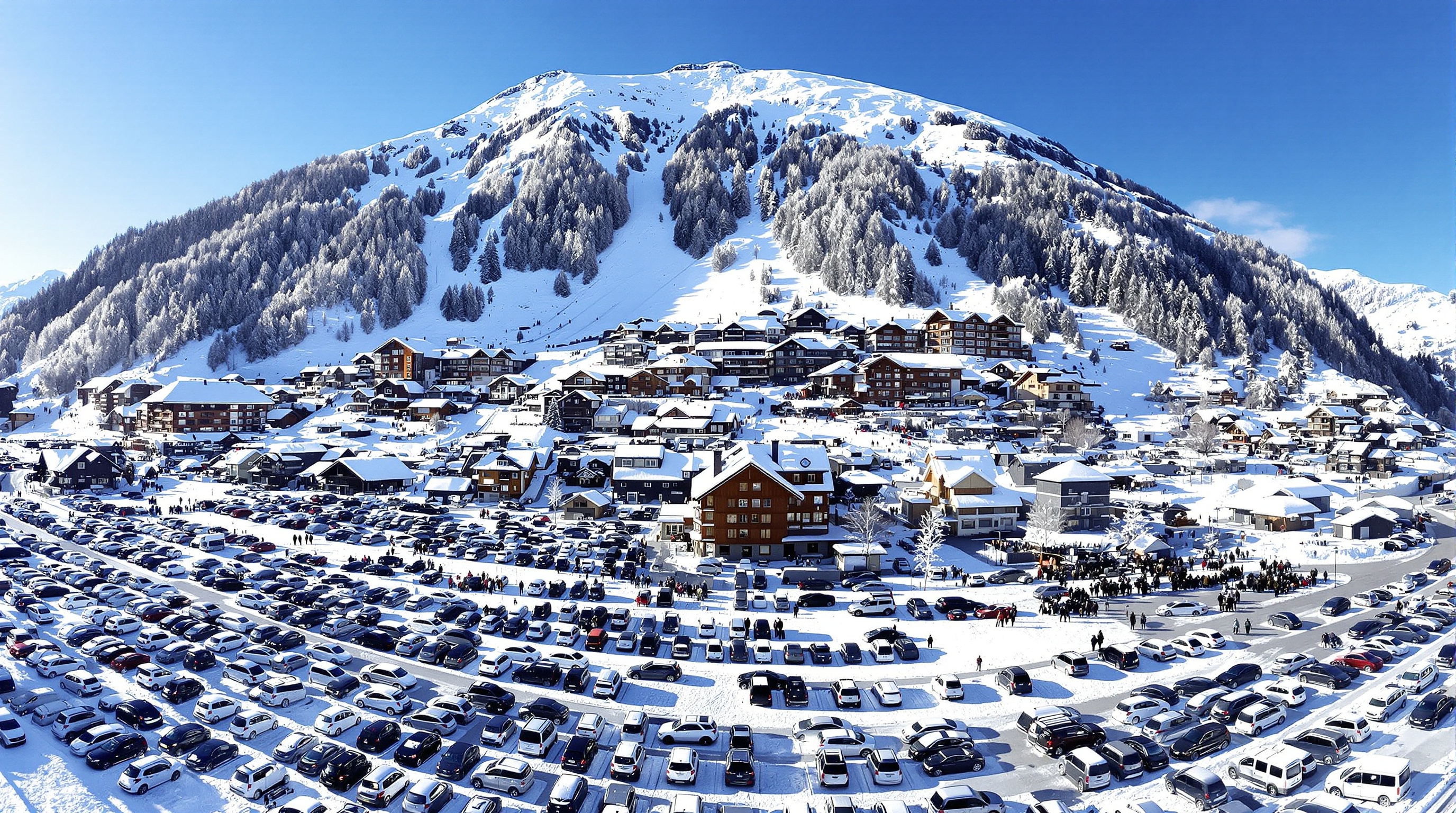Contraste entre un parking rempli de voitures et la station piétonne d’Avoriaz avec traîneaux et piétons dans la neige.