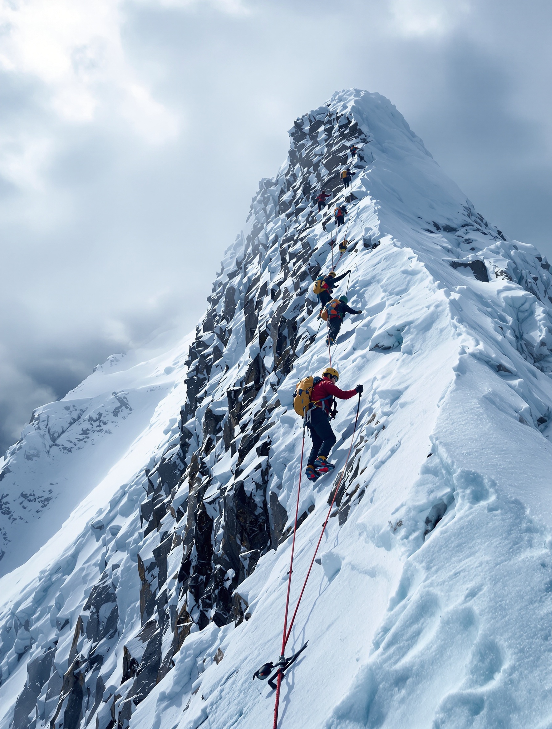 Cordée en alpinisme sur arête technique, concentration intense, ENSA.