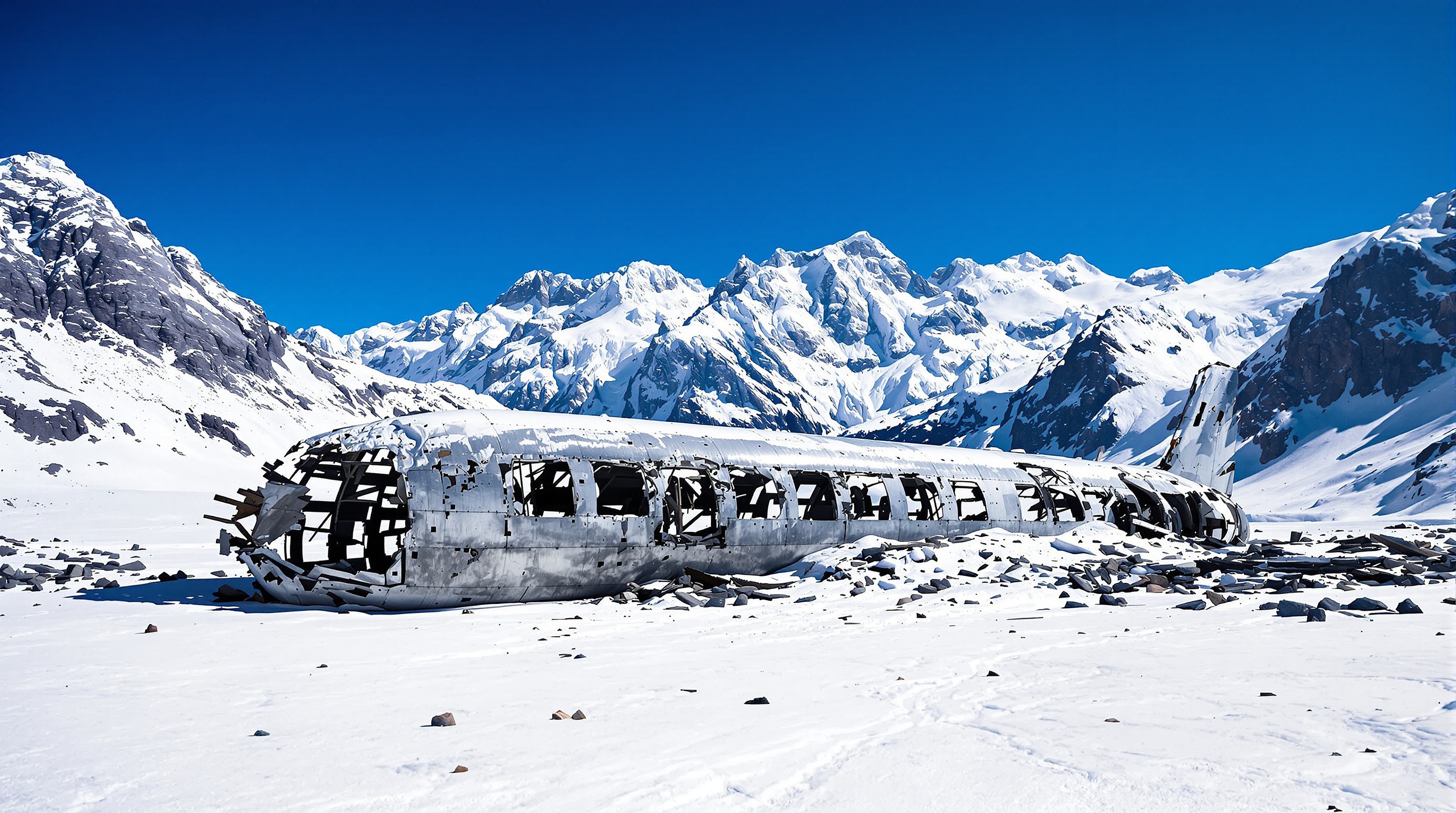 Site du crash dans les Andes, paysage montagneux enneigé et épave de l'avion Fairchild FH-227.