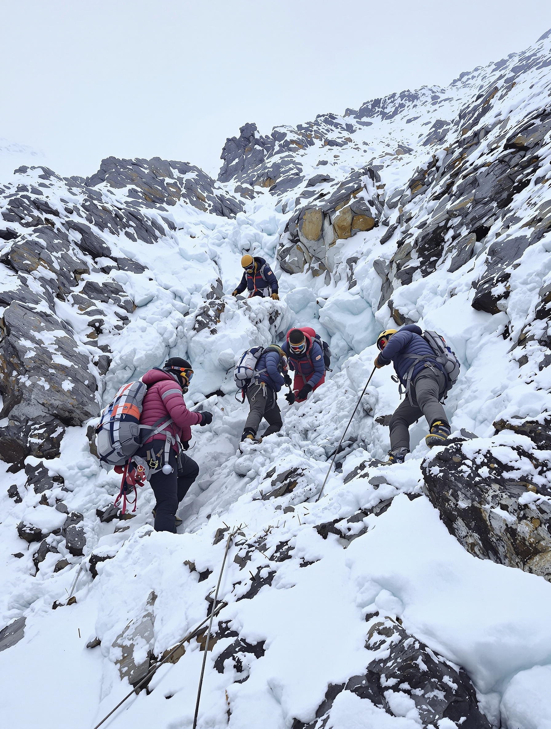 Site de découverte du corps de George Mallory sur les pentes de l'Everest, montrant les équipements et le terrain rocailleux où il a été retrouvé en 1999.