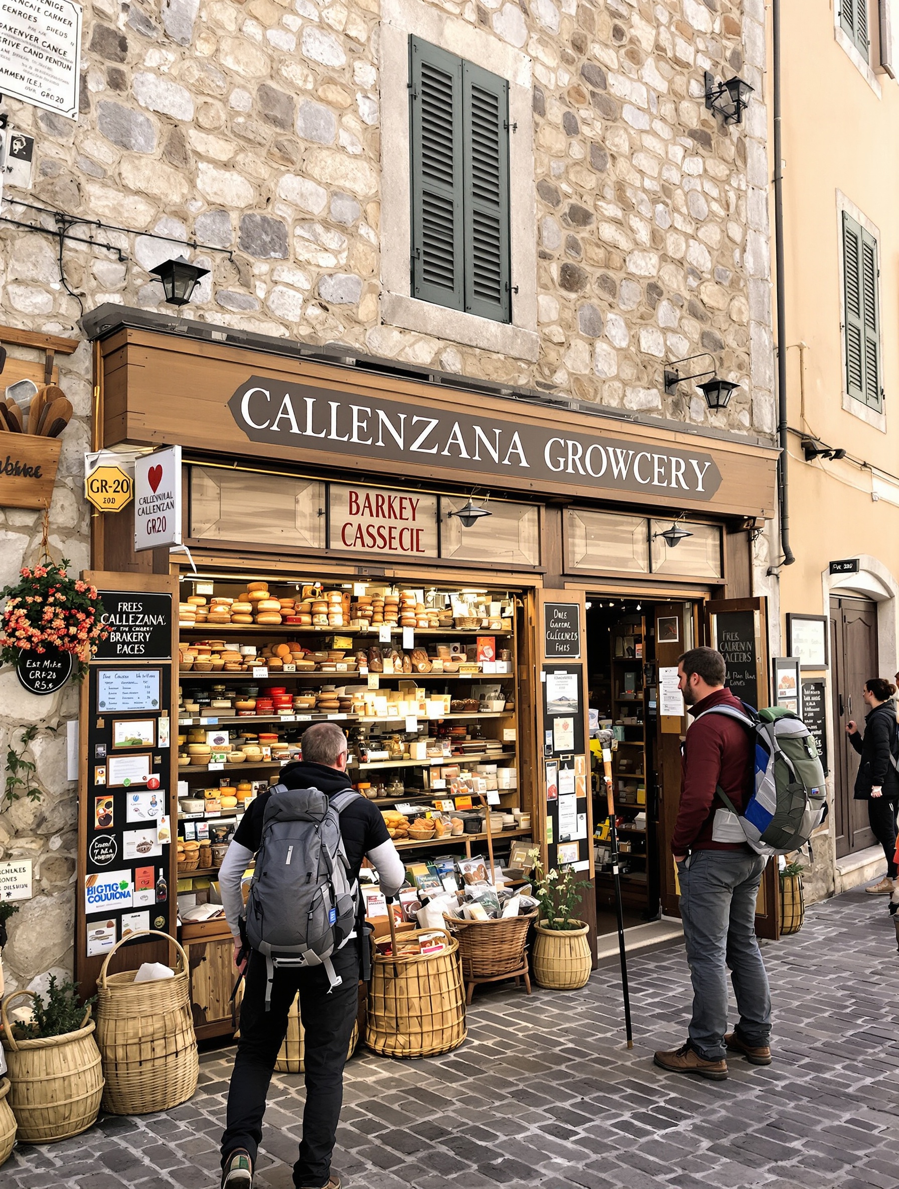Devanture d'épicerie et boulangerie à Calenzana avec paniers de produits frais typiques corses et randonneurs venant s'approvisionner.