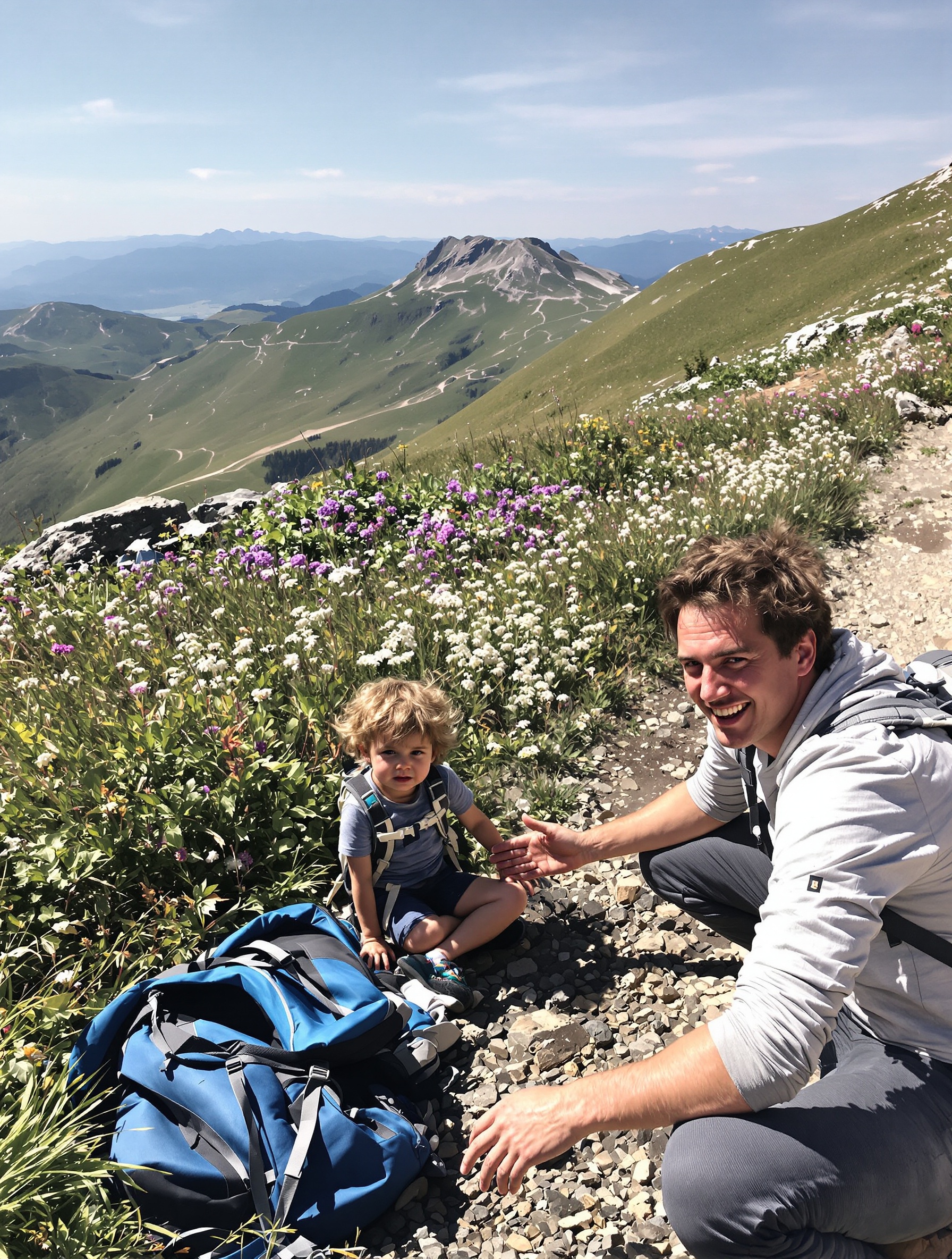 Enfant boudeur assis sur un sentier de montagne avec adulte tentant de motiver.