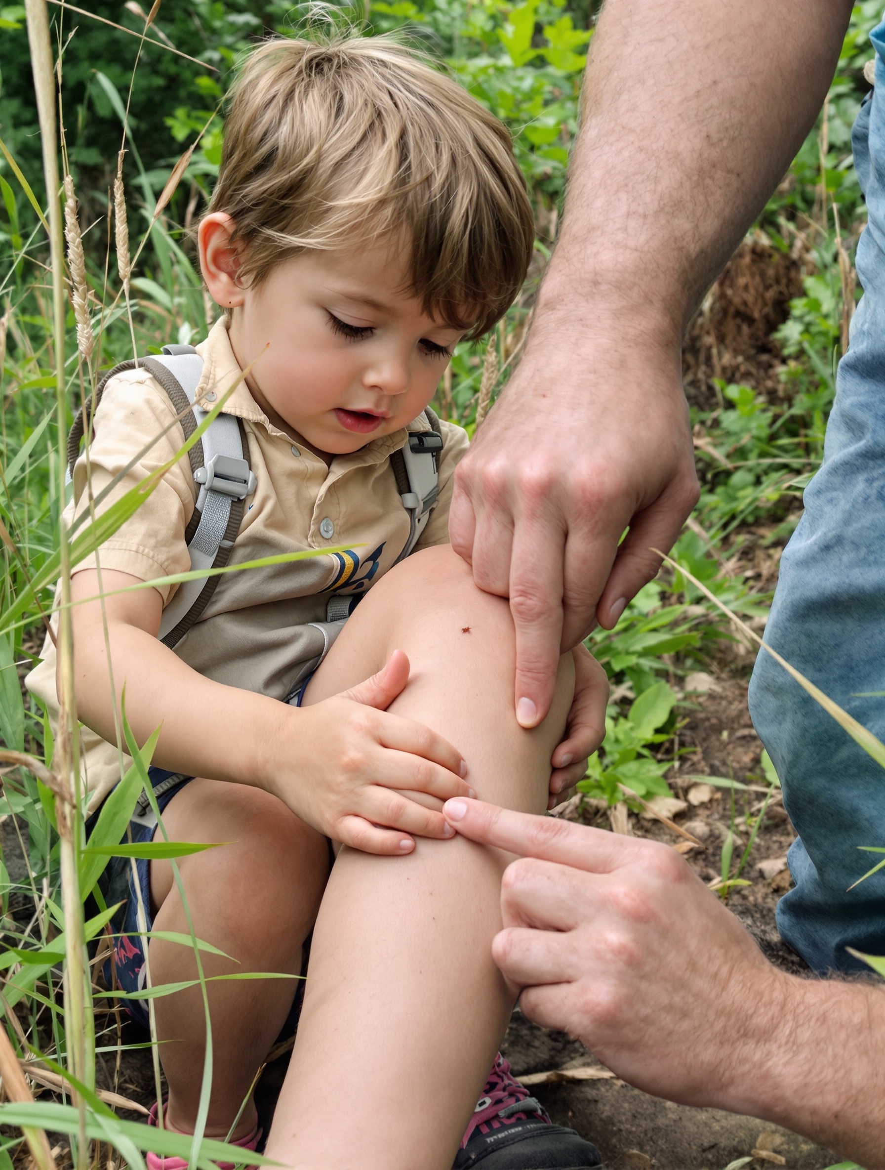 Enfant inspectant sa jambe avec attention sur un sentier forestier, parent à côté montrant une tique du bout du doigt.