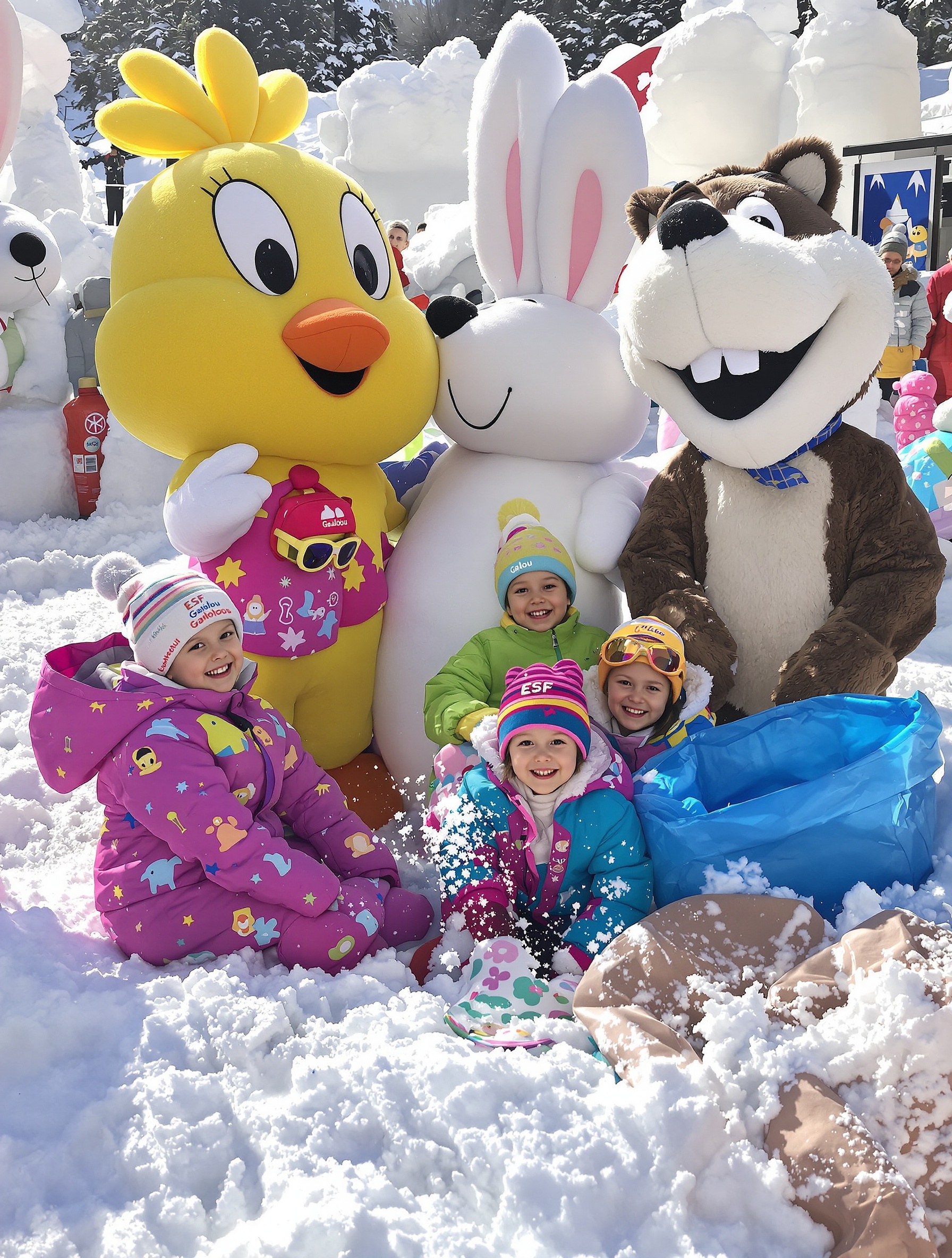 Enfants rieurs au jardin des neiges ESF avec mascottes.