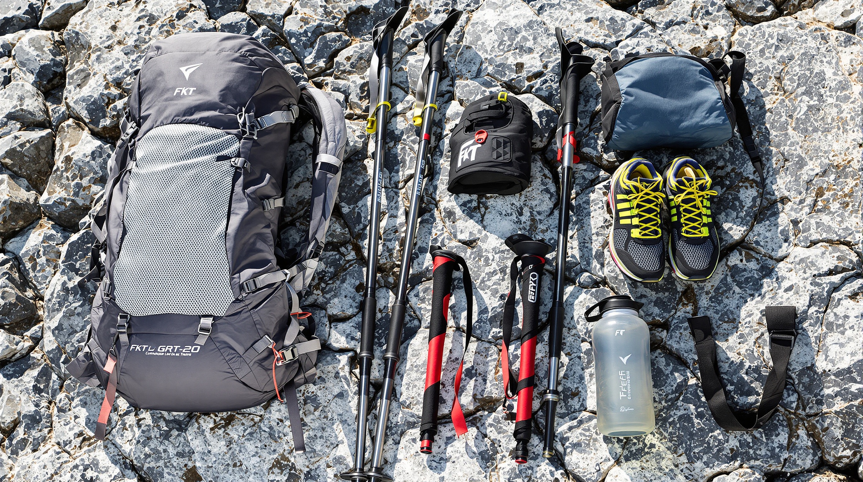 Équipement FKT ultra-léger optimisé pour le GR20 avec sac minimaliste, bâtons carbone, chaussures montagne et flasques