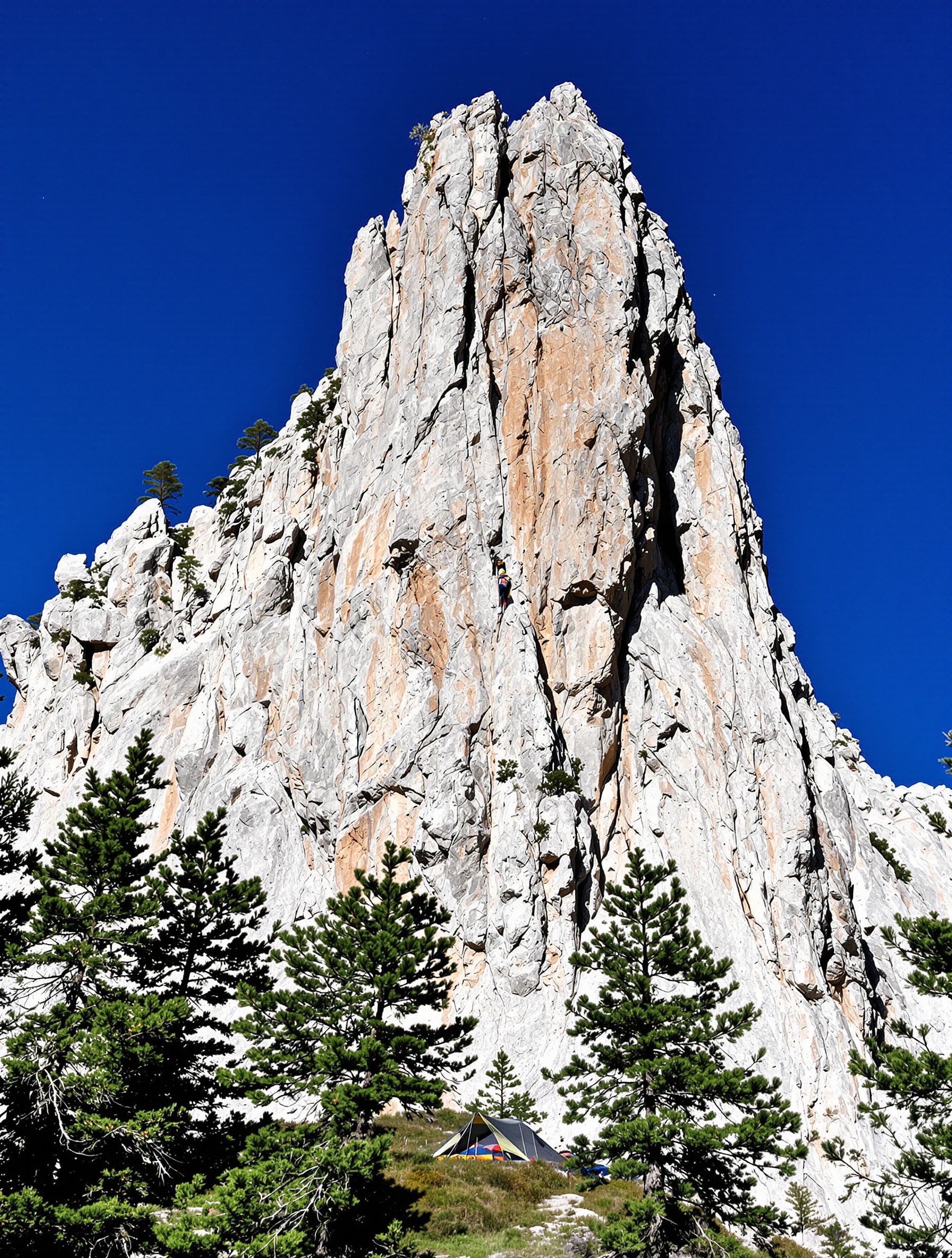 Escaladeur sur une aiguille granitique de Bavella, campanile en arrière-plan, ciel bleu, ambiance sauvage et minérale, bivouac discret sous les pins.