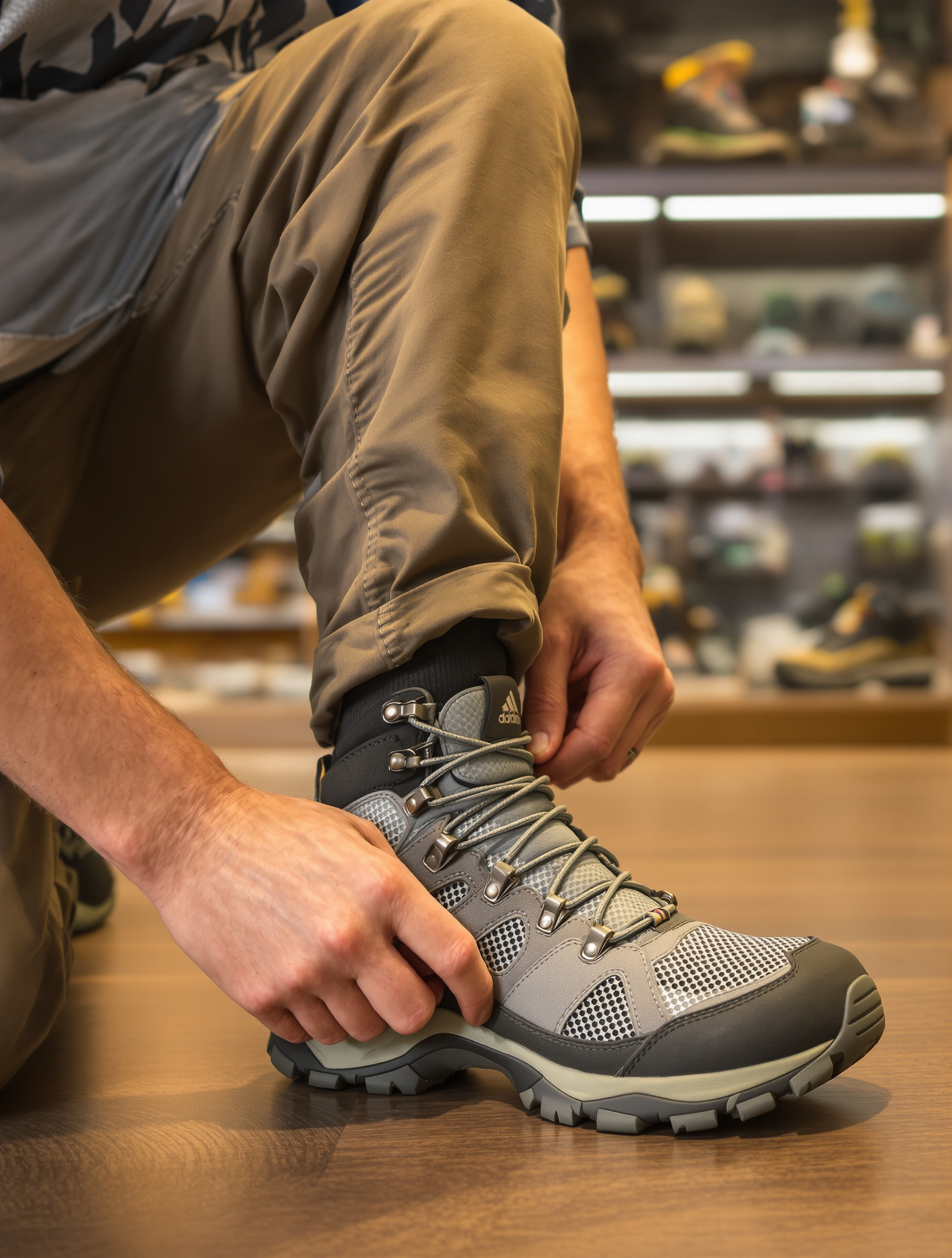 Une personne, genou plié, examine attentivement une chaussure de randonnée lors d'un essayage en magasin, soulignant l'importance du test des mouvements.