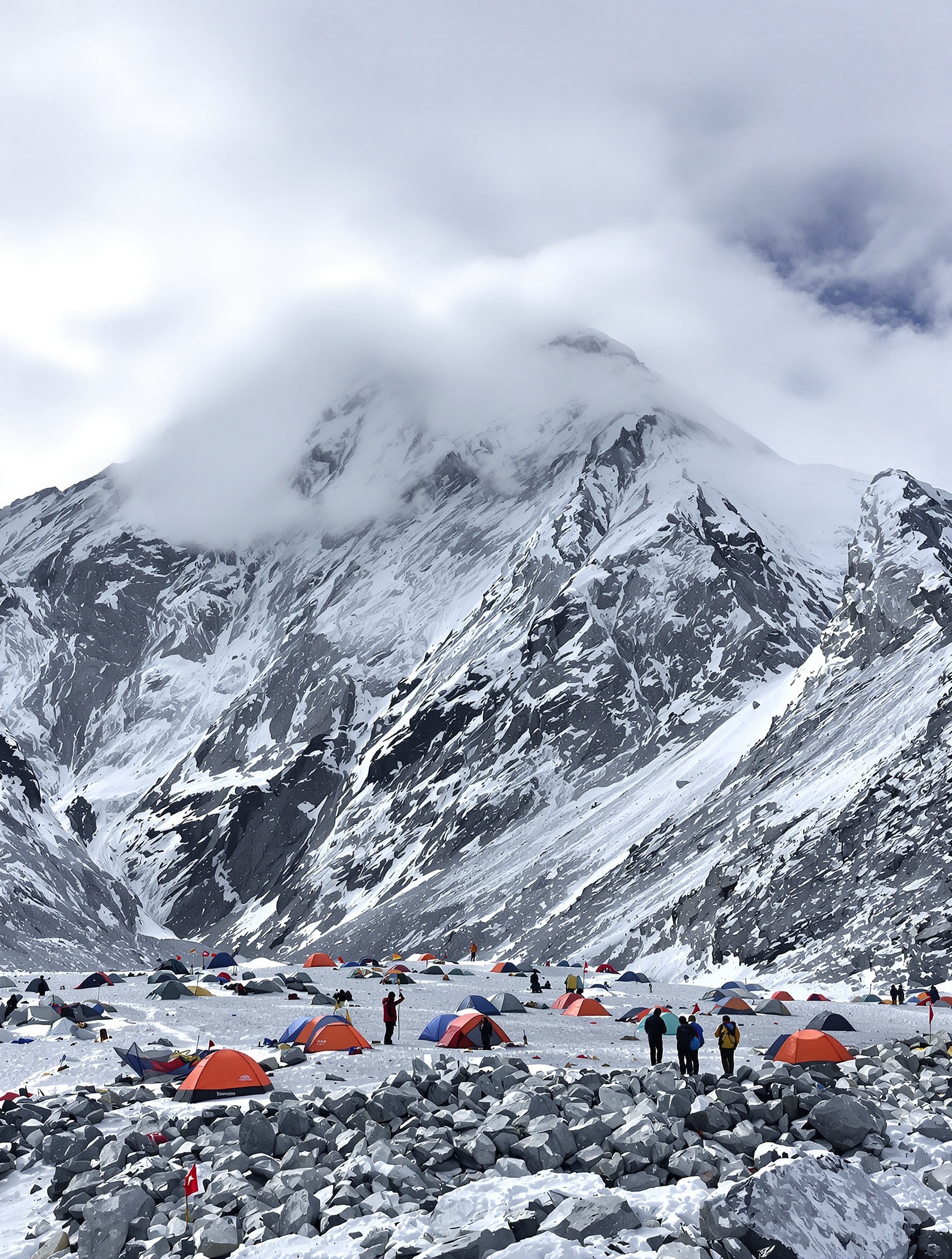Vue réaliste Everest face nord Rongbuk crête nord camp tentes froid