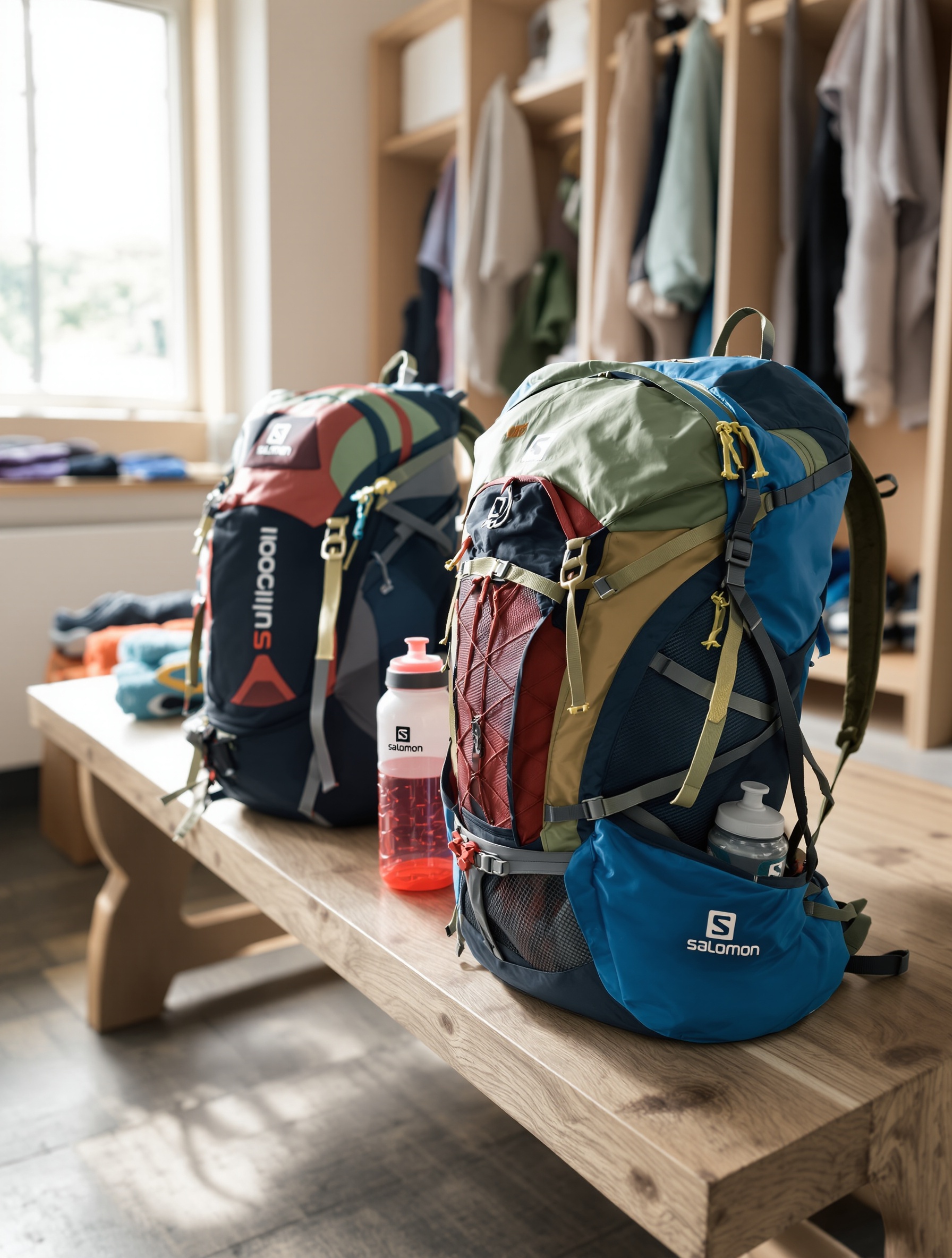 FAQ Salomon Sense Pro, plusieurs sacs de trail posés, ambiance vestiaire de coureurs