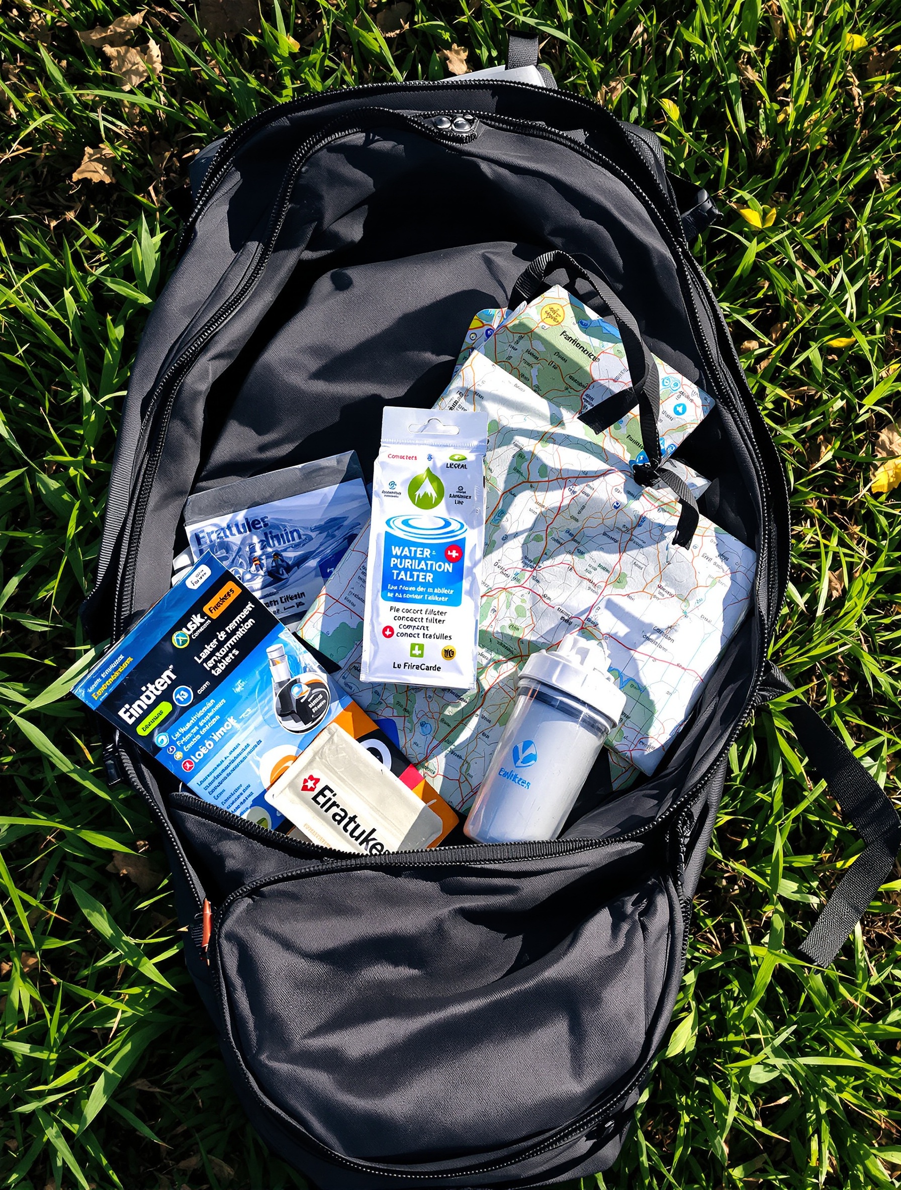 Fond de sac randonnée avec pastilles purifiantes visibles