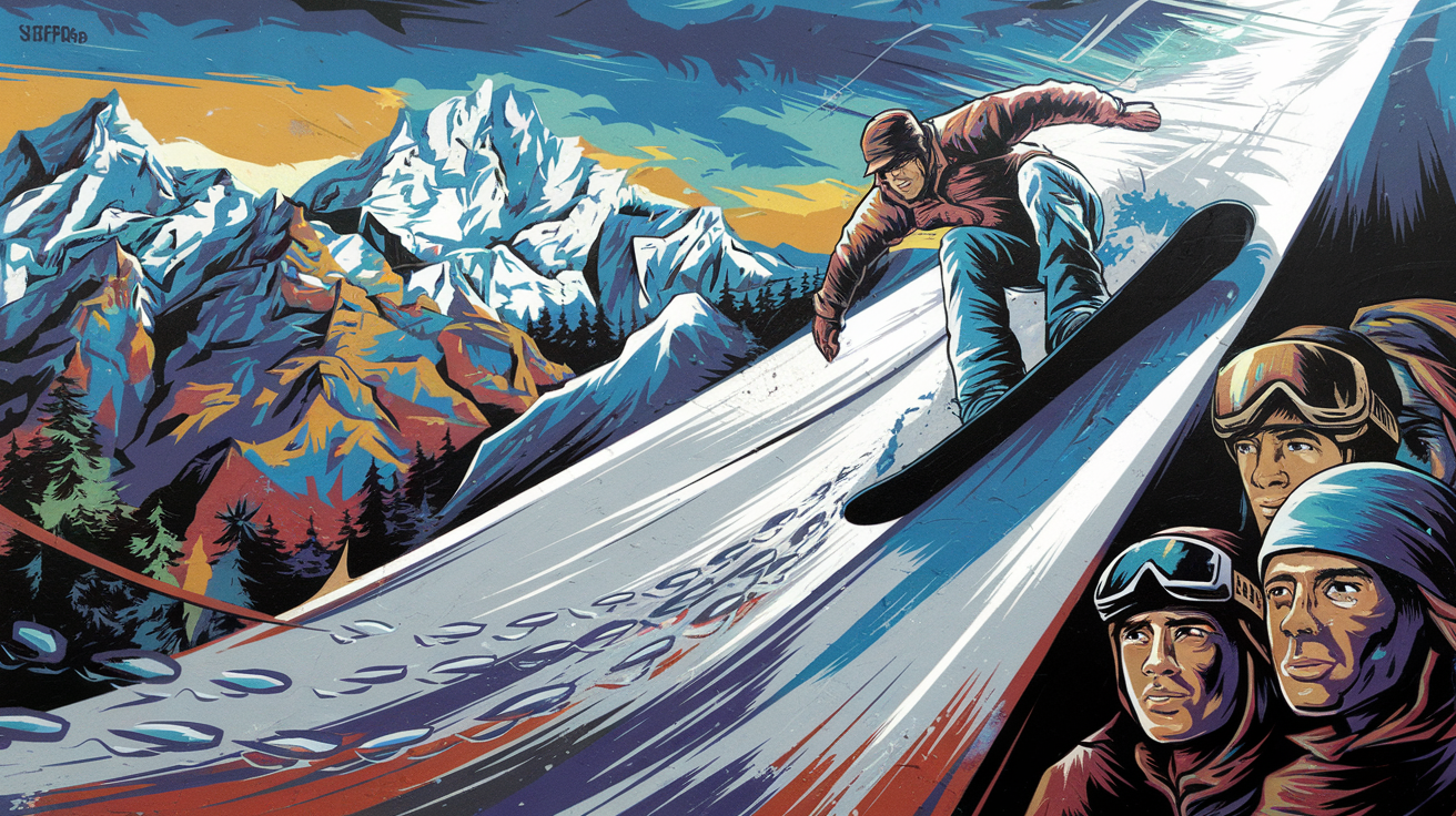 Fresque stylisée : Marco Siffredi, traces éphémères sur pente himalayenne, jeunes riders admiratifs en fond