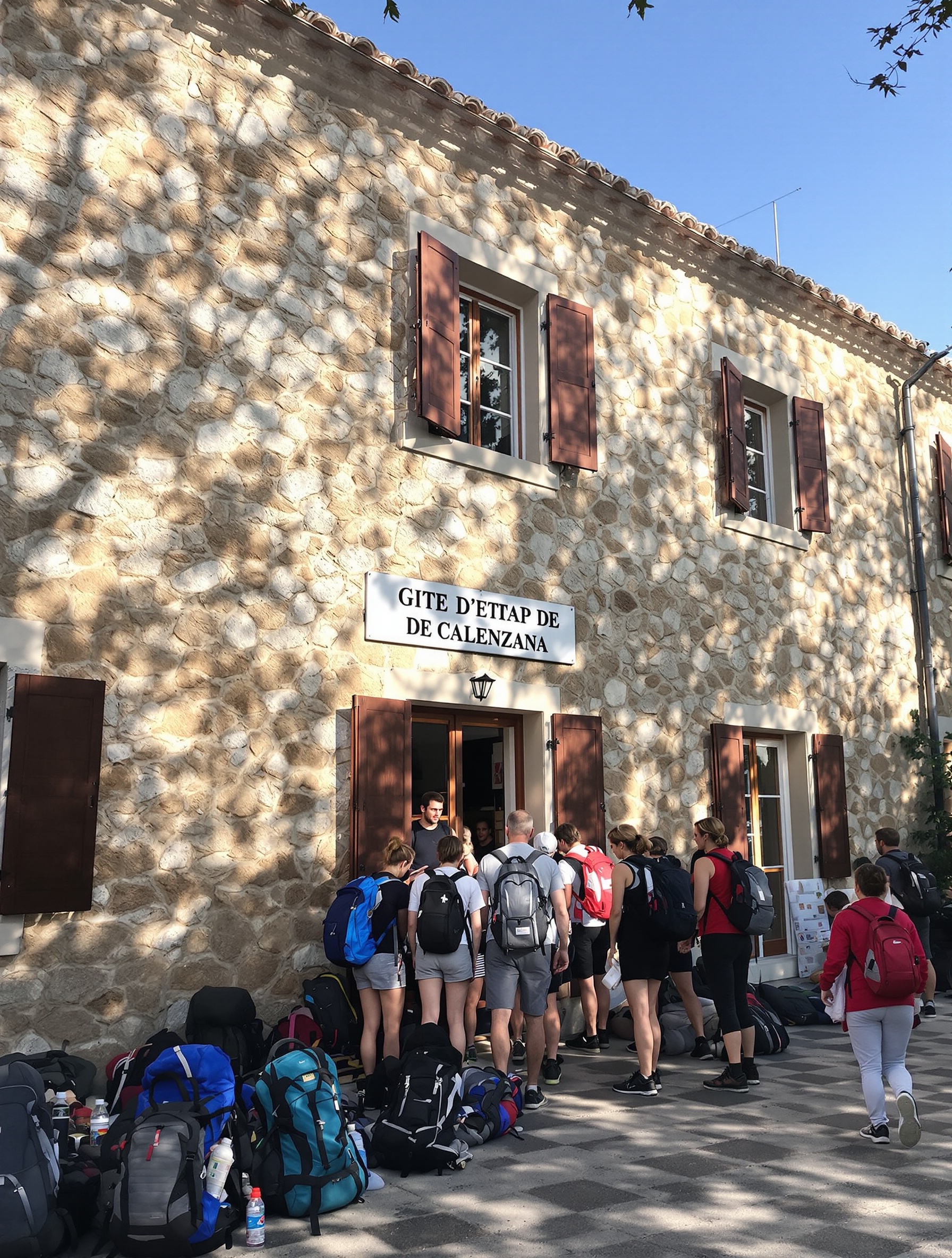 Vue extérieure du Gîte d'étape de Calenzana, avec quelques randonneurs devant l'entrée, leurs sacs à dos posés au sol.